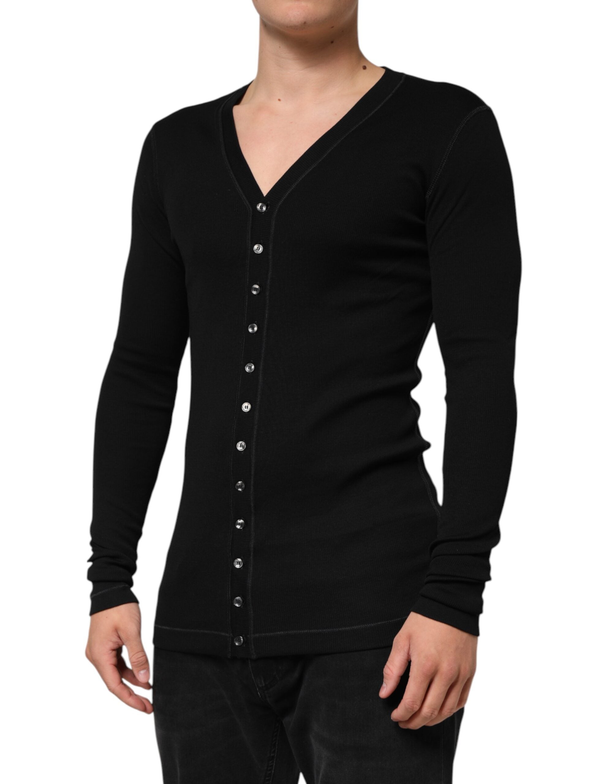 Black Cotton Button Up Men Cardigan Sweater - ventzia