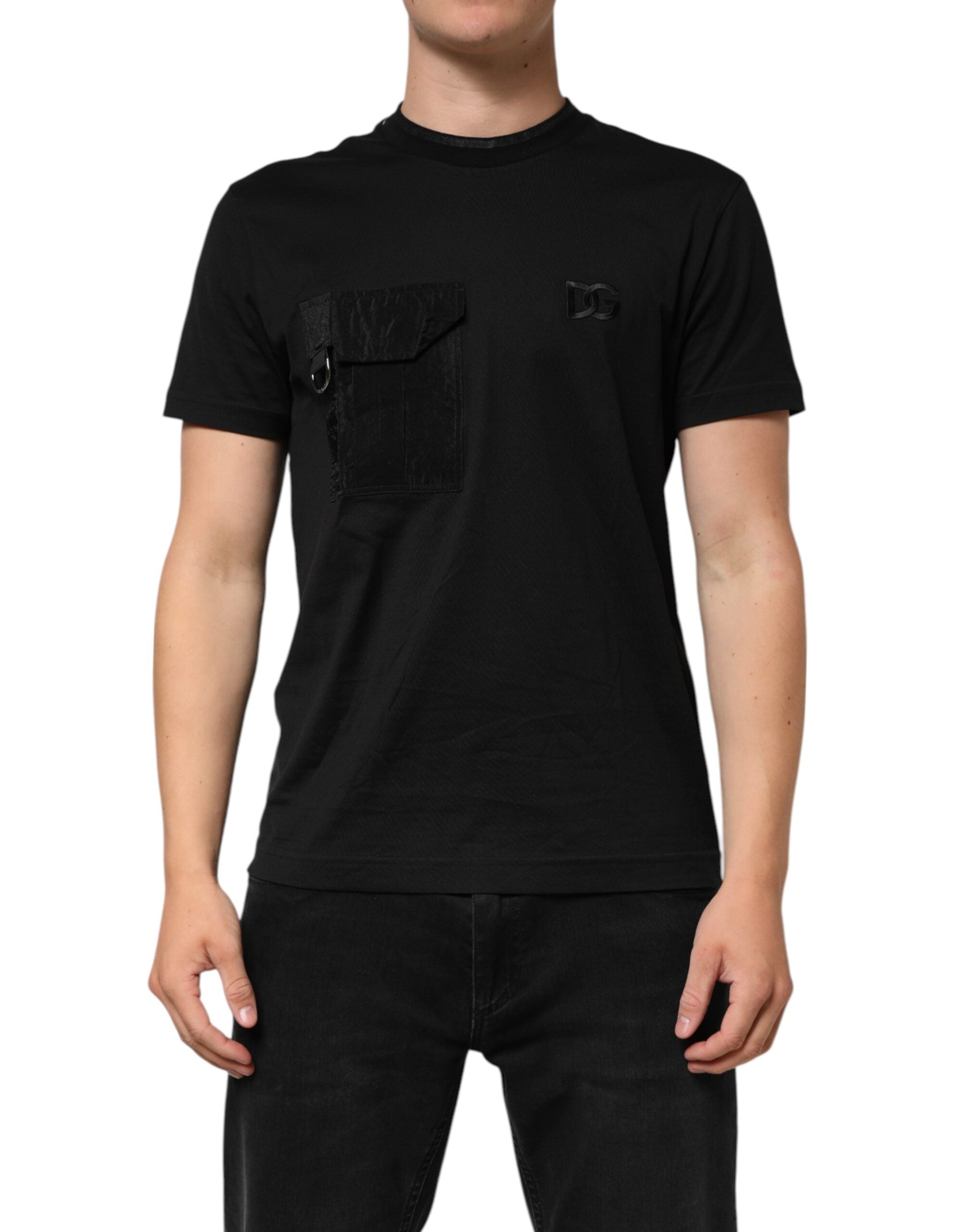 Black Cotton Embroidered DG Logo Pocket T-shirt - ventzia