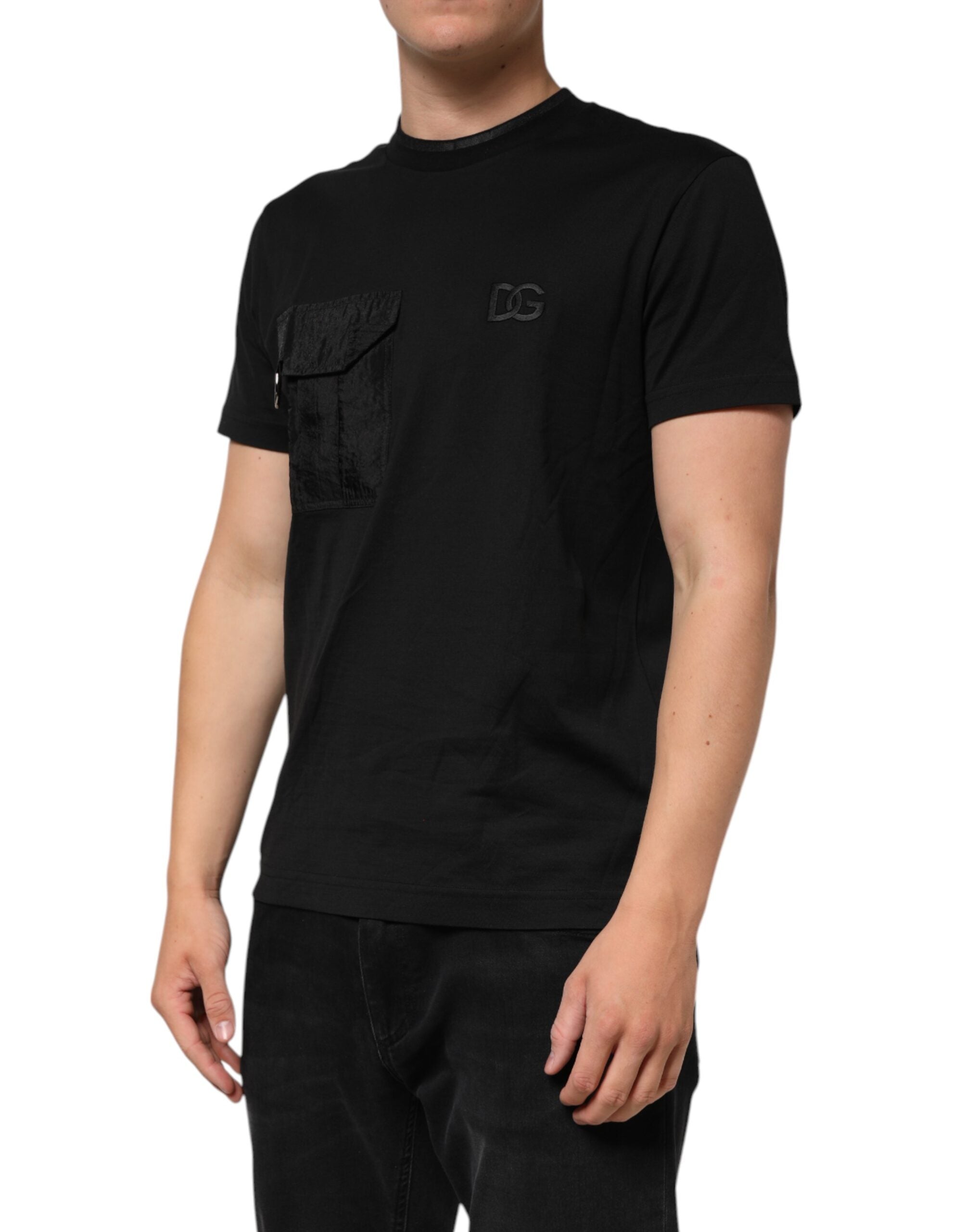 Black Cotton Embroidered DG Logo Pocket T-shirt - ventzia