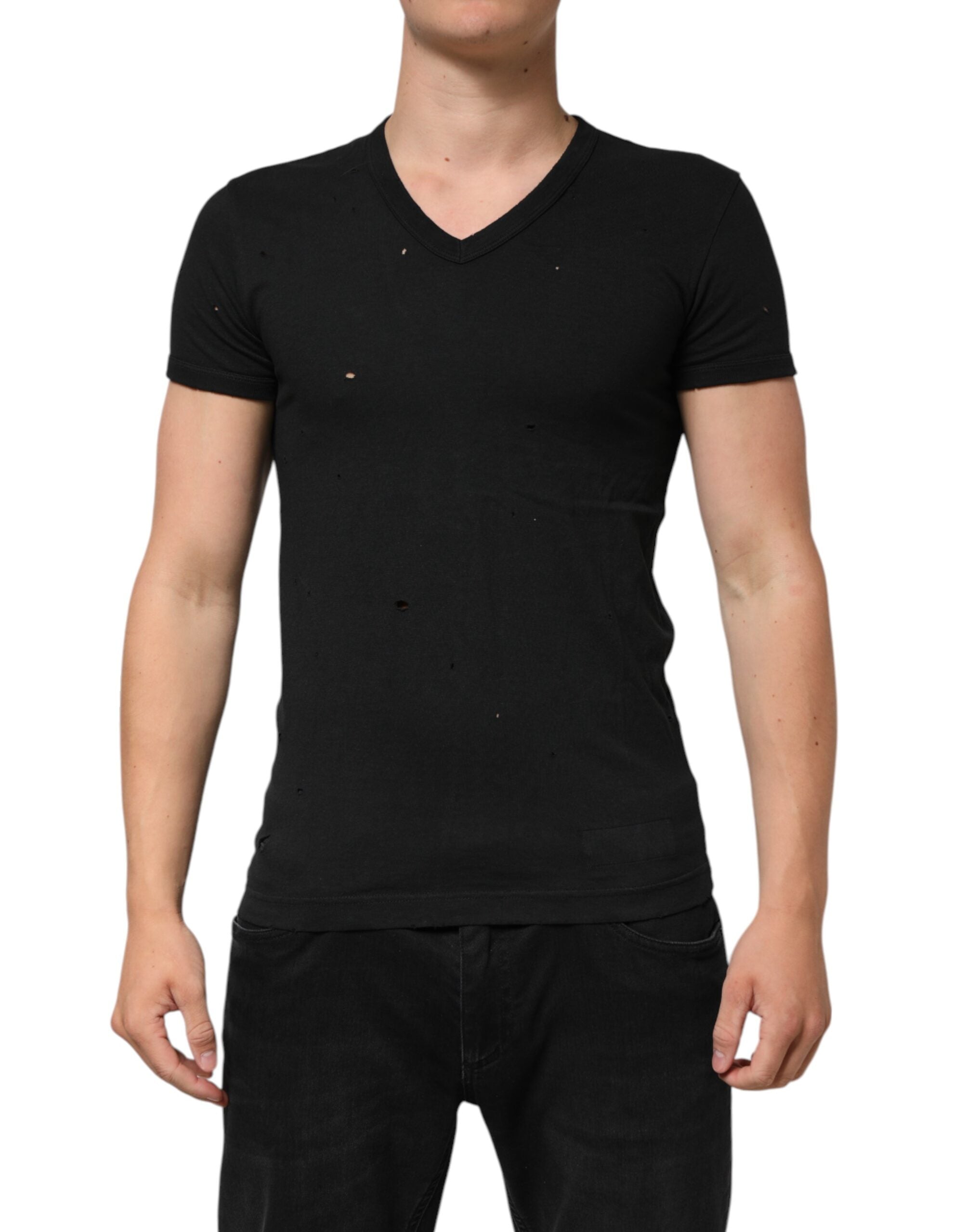Black Cotton Tattered Logo V-Neck Men T-shirt - ventzia