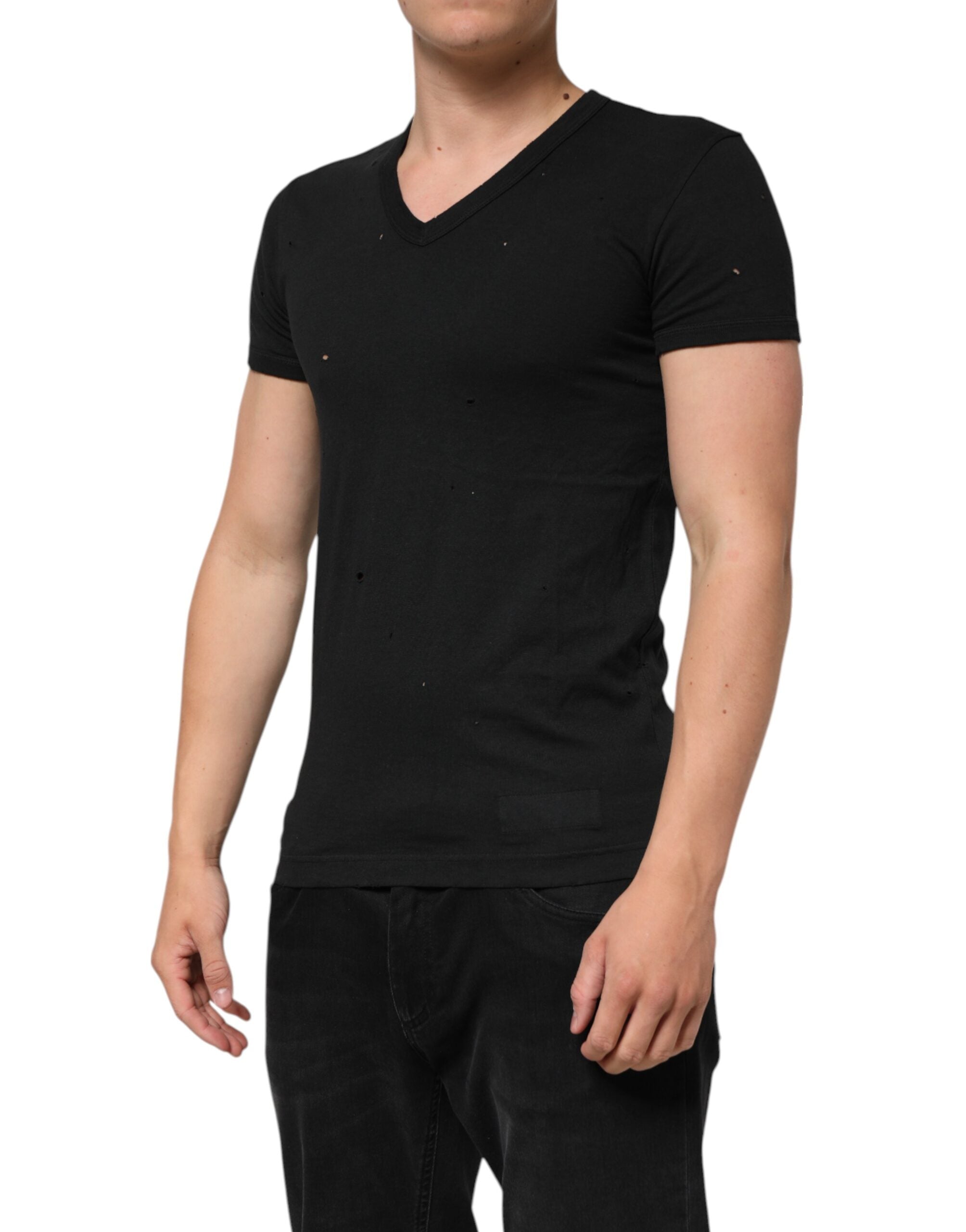 Black Cotton Tattered Logo V-Neck Men T-shirt - ventzia