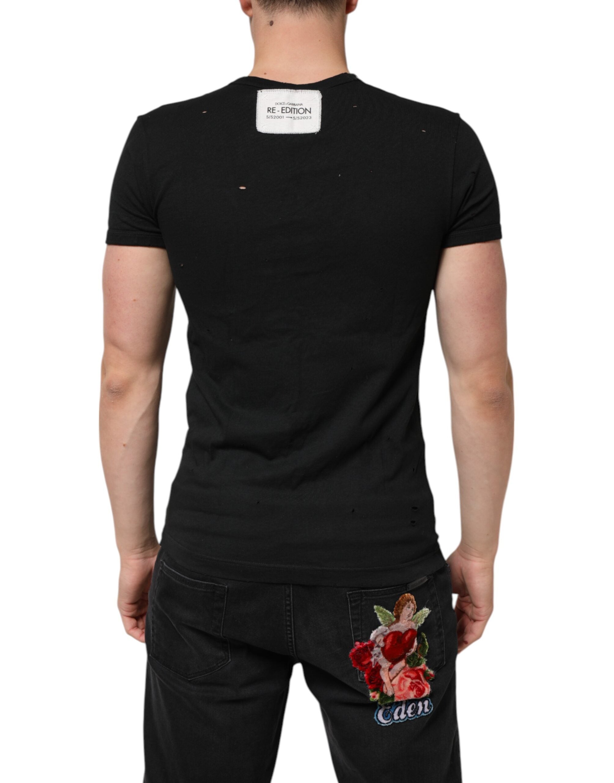 Black Cotton Tattered Logo V-Neck Men T-shirt - ventzia