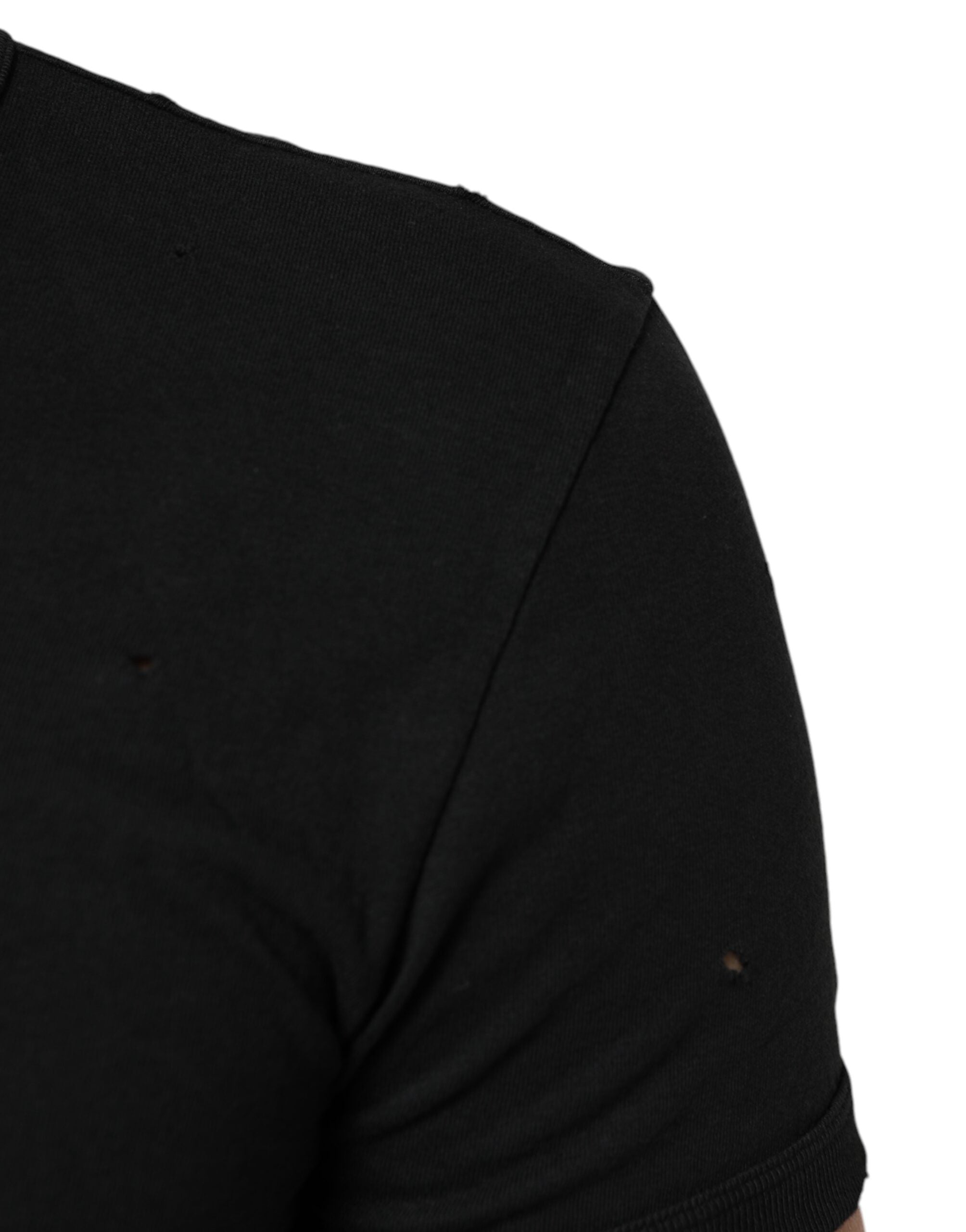 Black Cotton Tattered Logo V-Neck Men T-shirt - ventzia