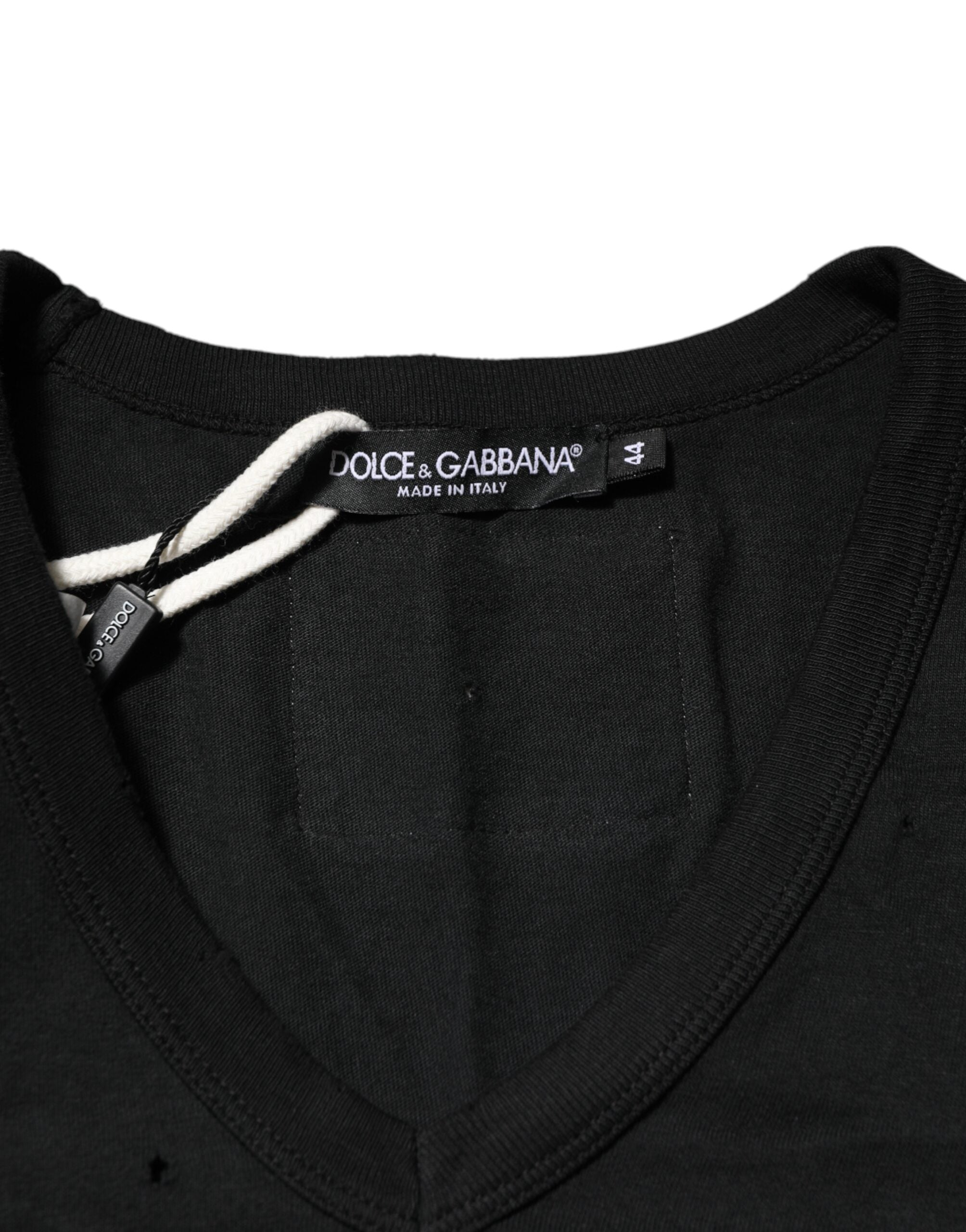 Black Cotton Tattered Logo V-Neck Men T-shirt - ventzia