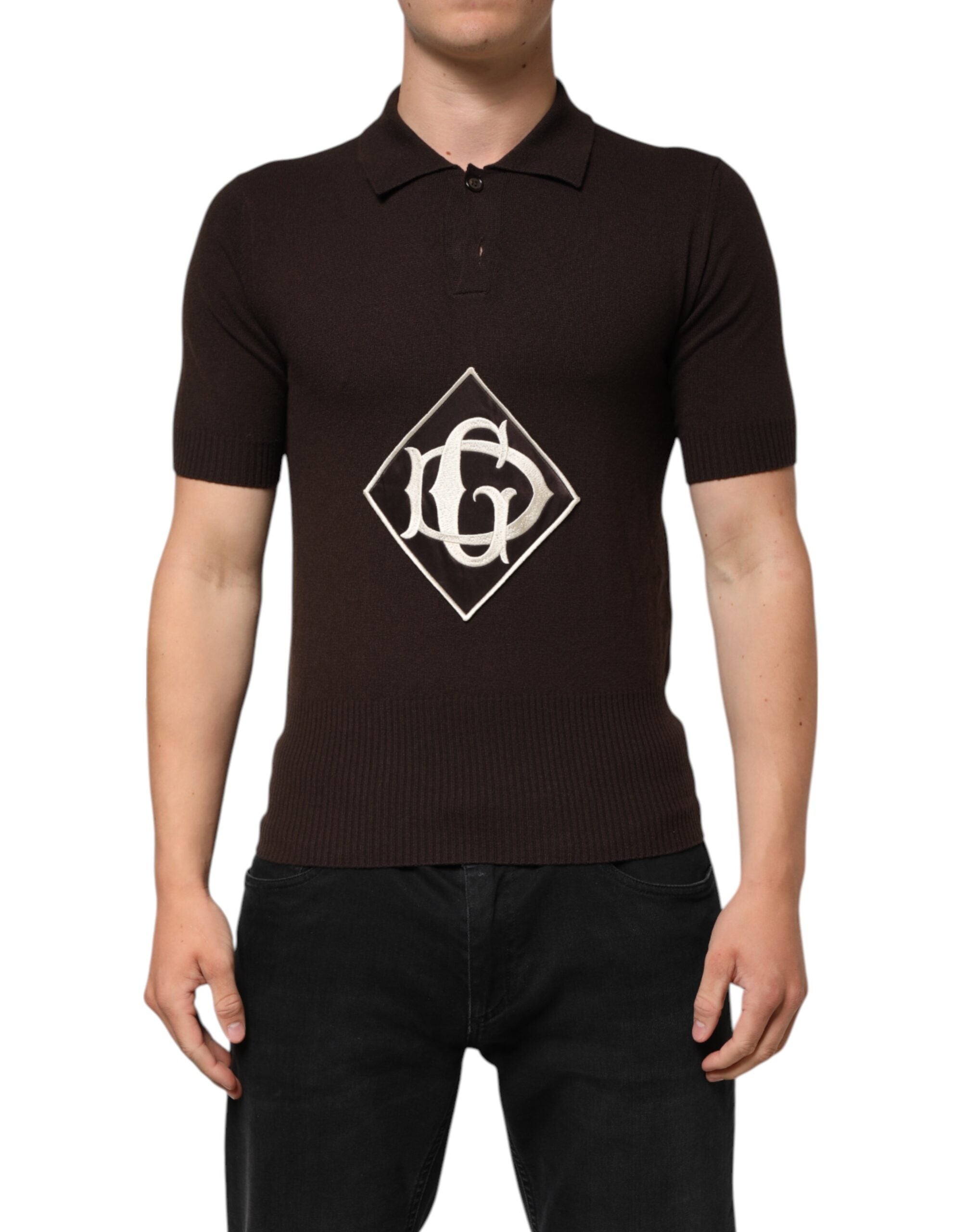 Brown Wool Logo Embroidered Men Polo T-shirt - ventzia