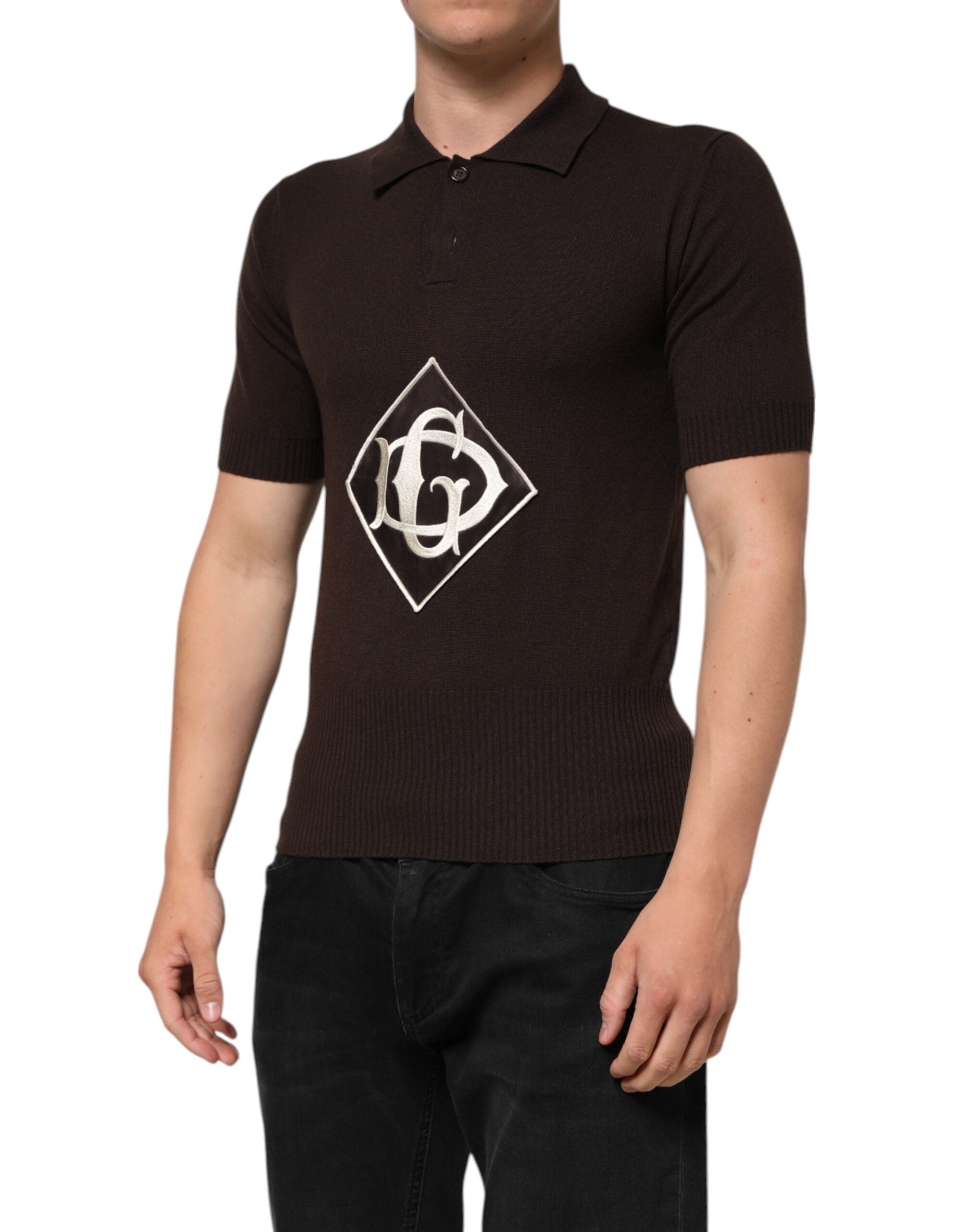 Brown Wool Logo Embroidered Men Polo T-shirt - ventzia