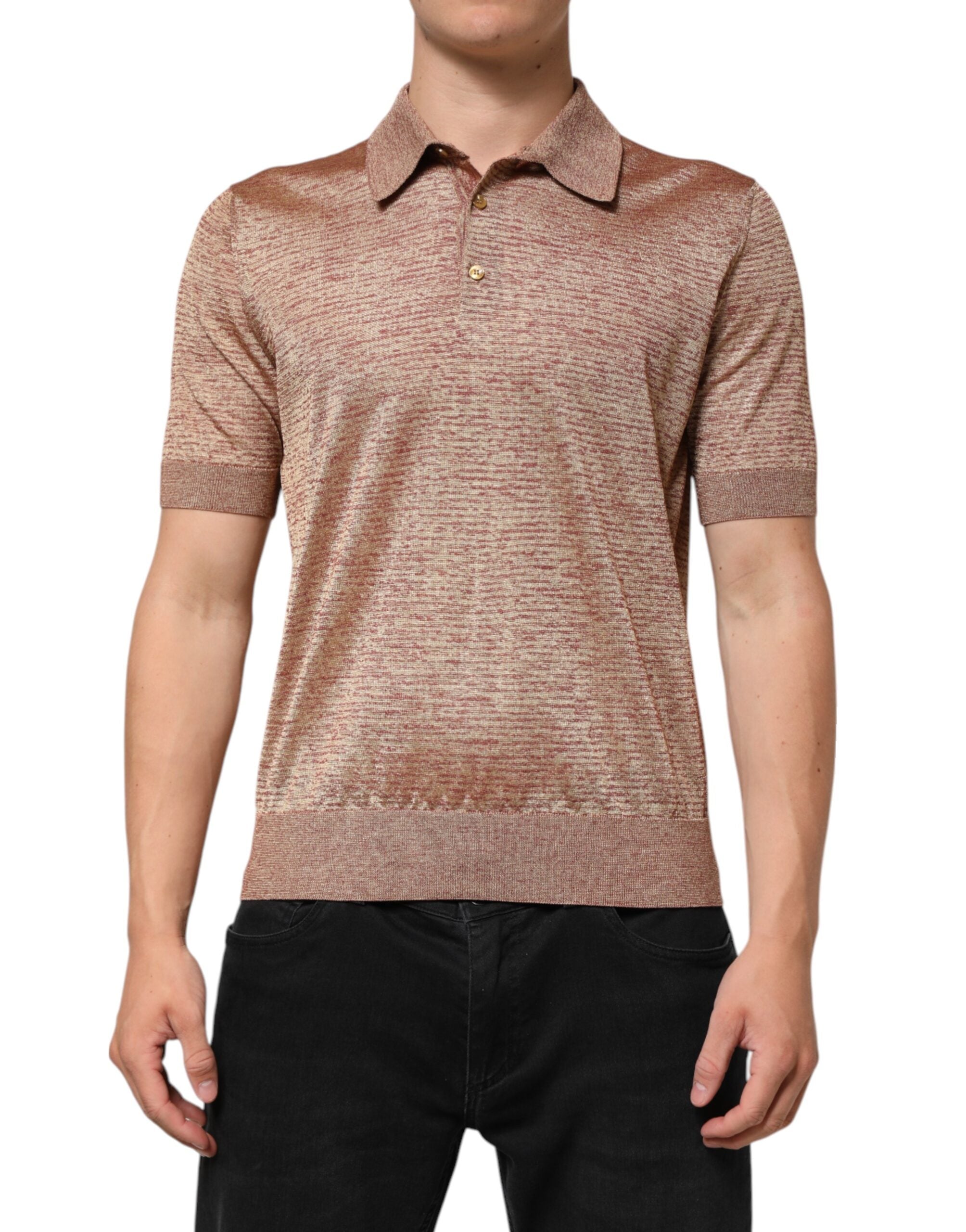 Brown Silk Textured Short Sleeve Polo T-shirt - ventzia