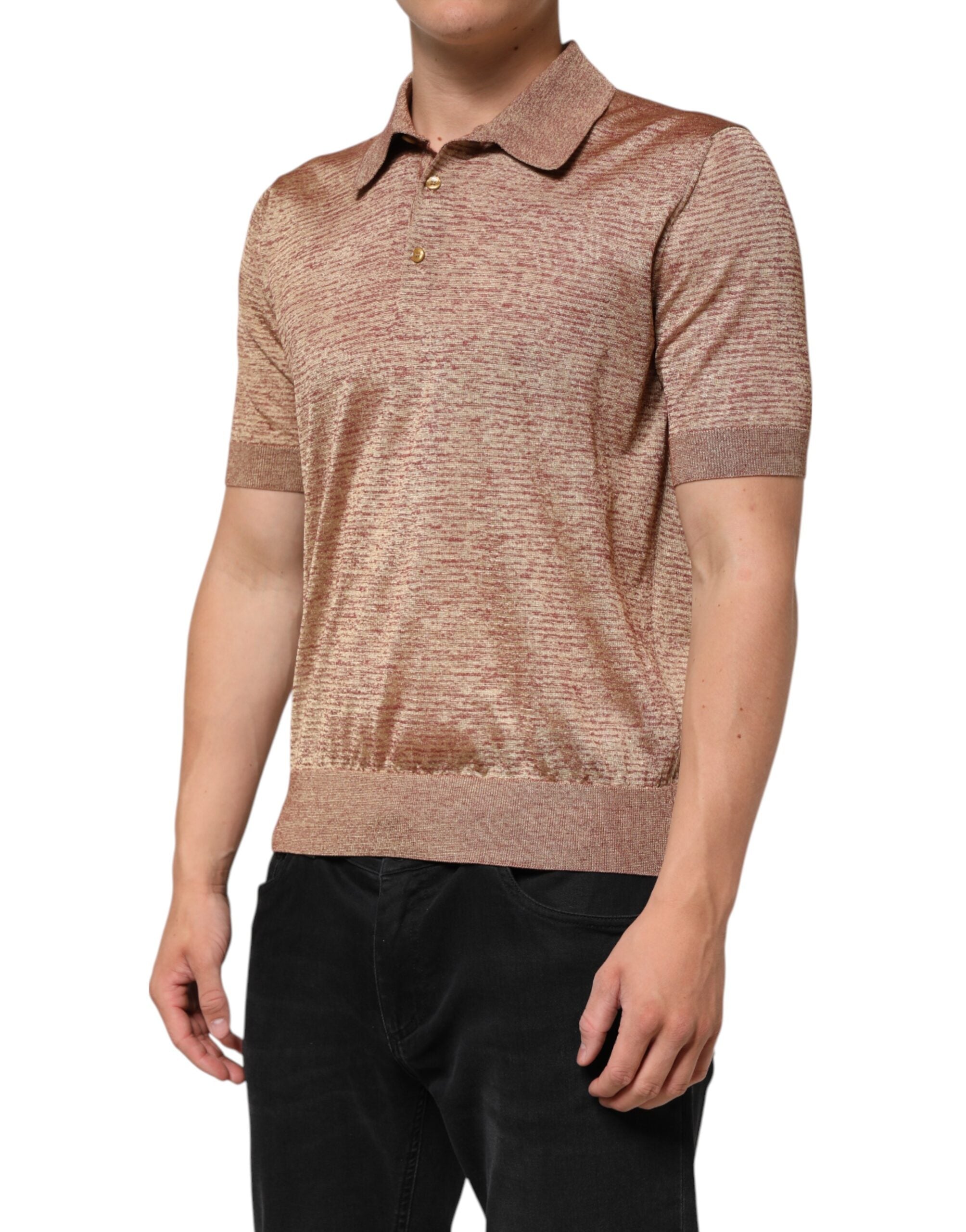 Brown Silk Textured Short Sleeve Polo T-shirt - ventzia