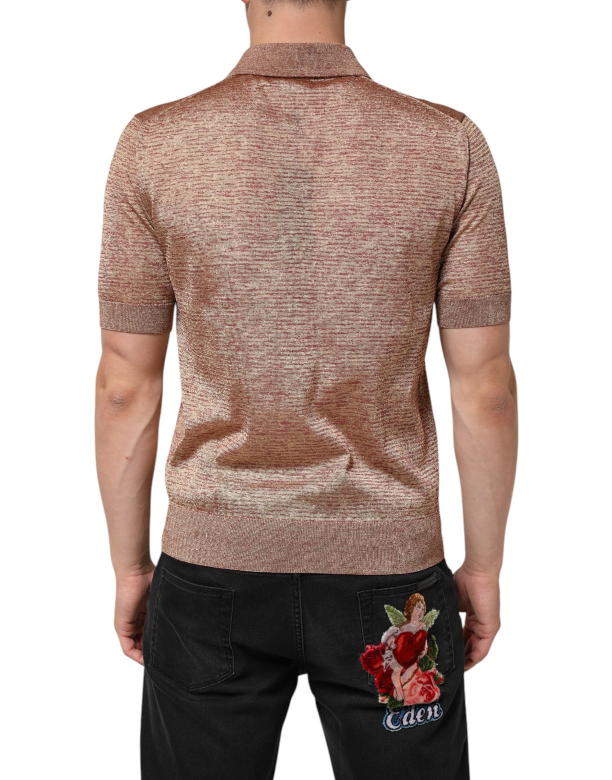 Brown Silk Textured Short Sleeve Polo T-shirt - ventzia