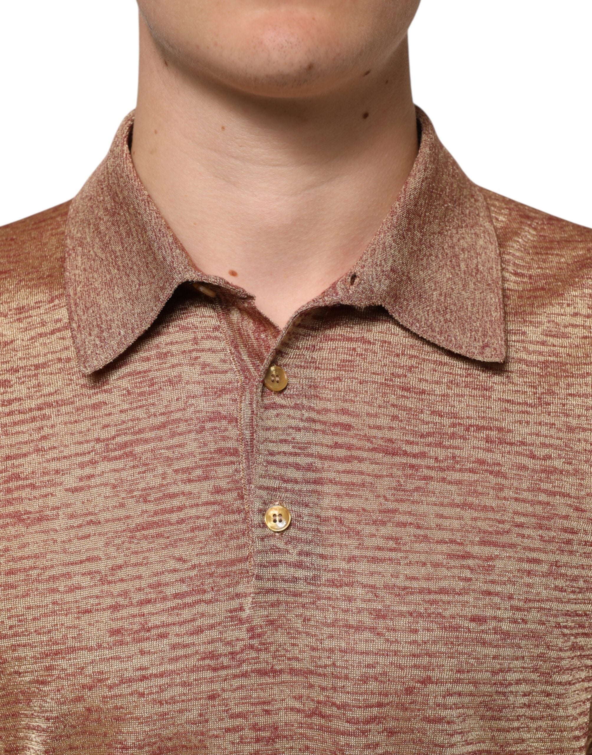 Brown Silk Textured Short Sleeve Polo T-shirt - ventzia