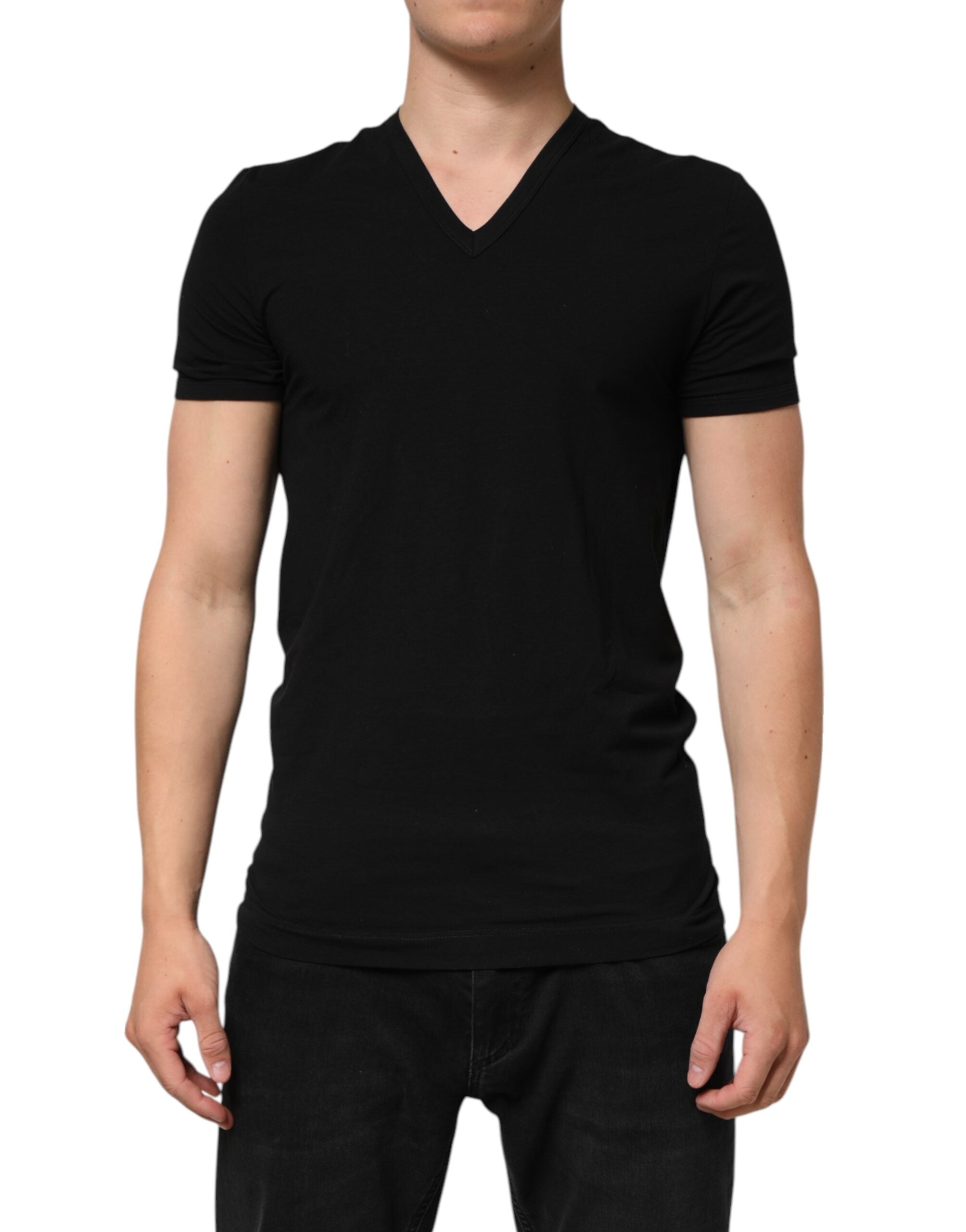 Black Cotton Slim Fit Men V-Neck Shirt T-shirt - ventzia
