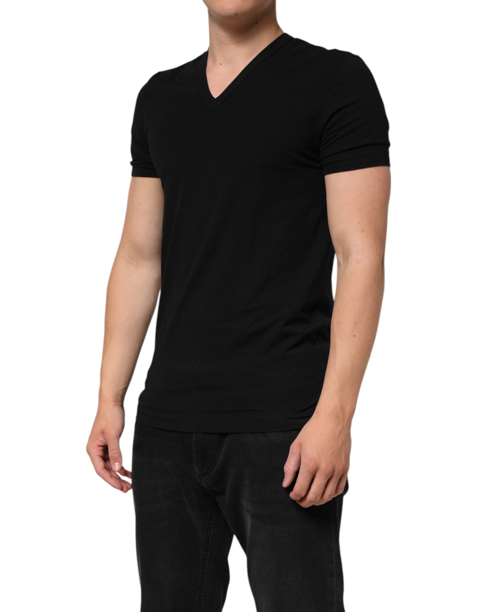 Black Cotton Slim Fit Men V-Neck Shirt T-shirt - ventzia