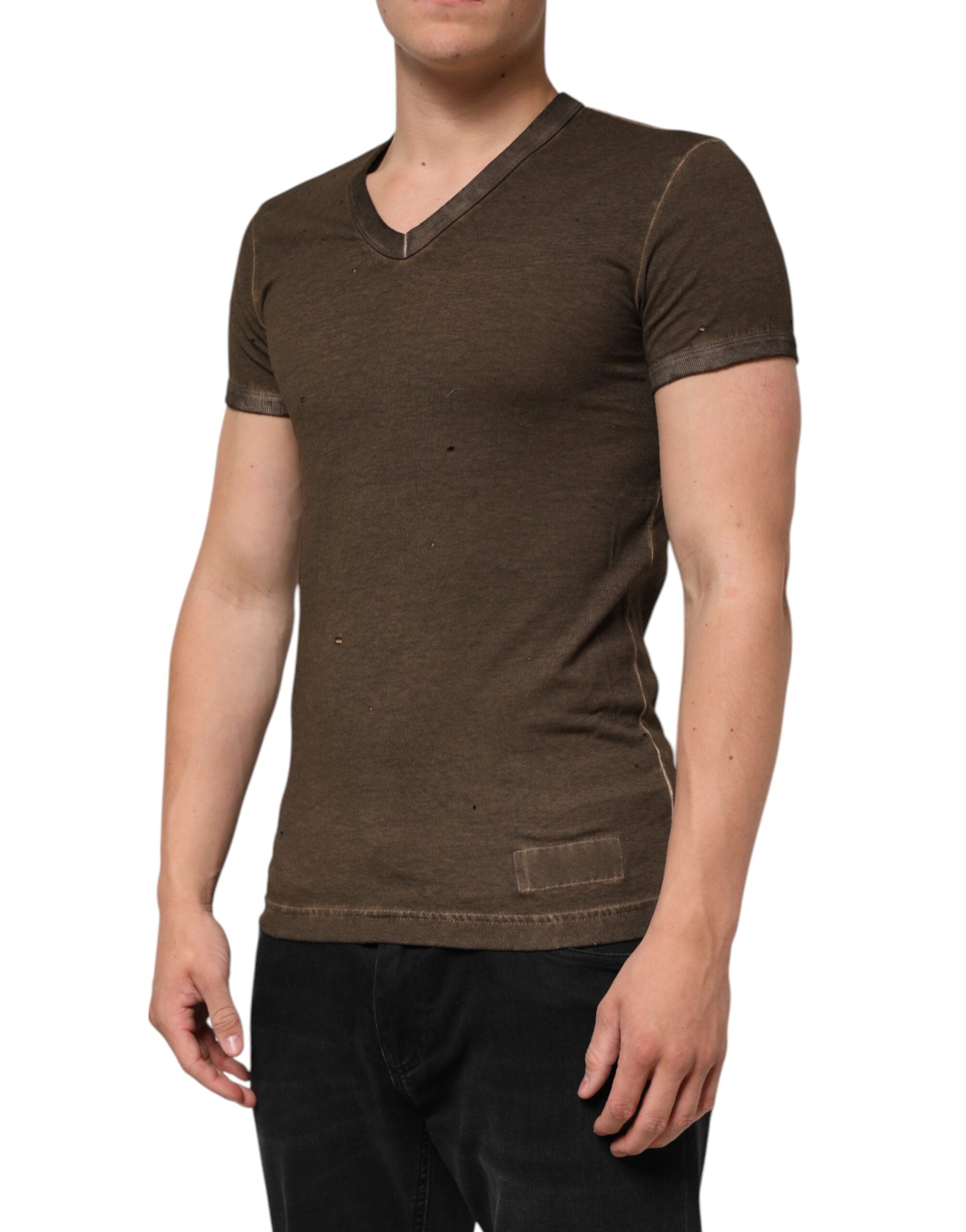 Dark Brown Cotton Tattered Logo Men T-shirt - ventzia