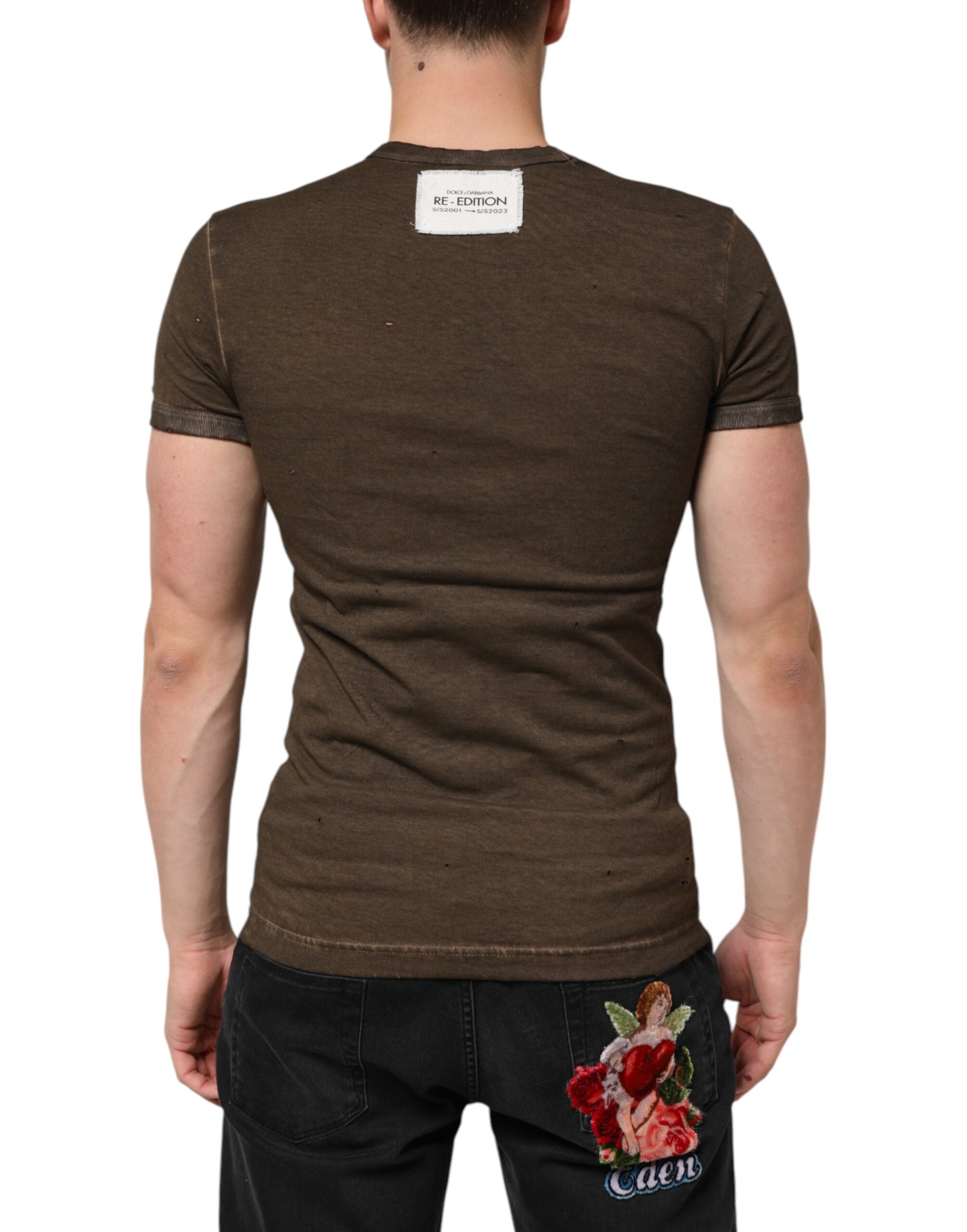 Dark Brown Cotton Tattered Logo Men T-shirt - ventzia