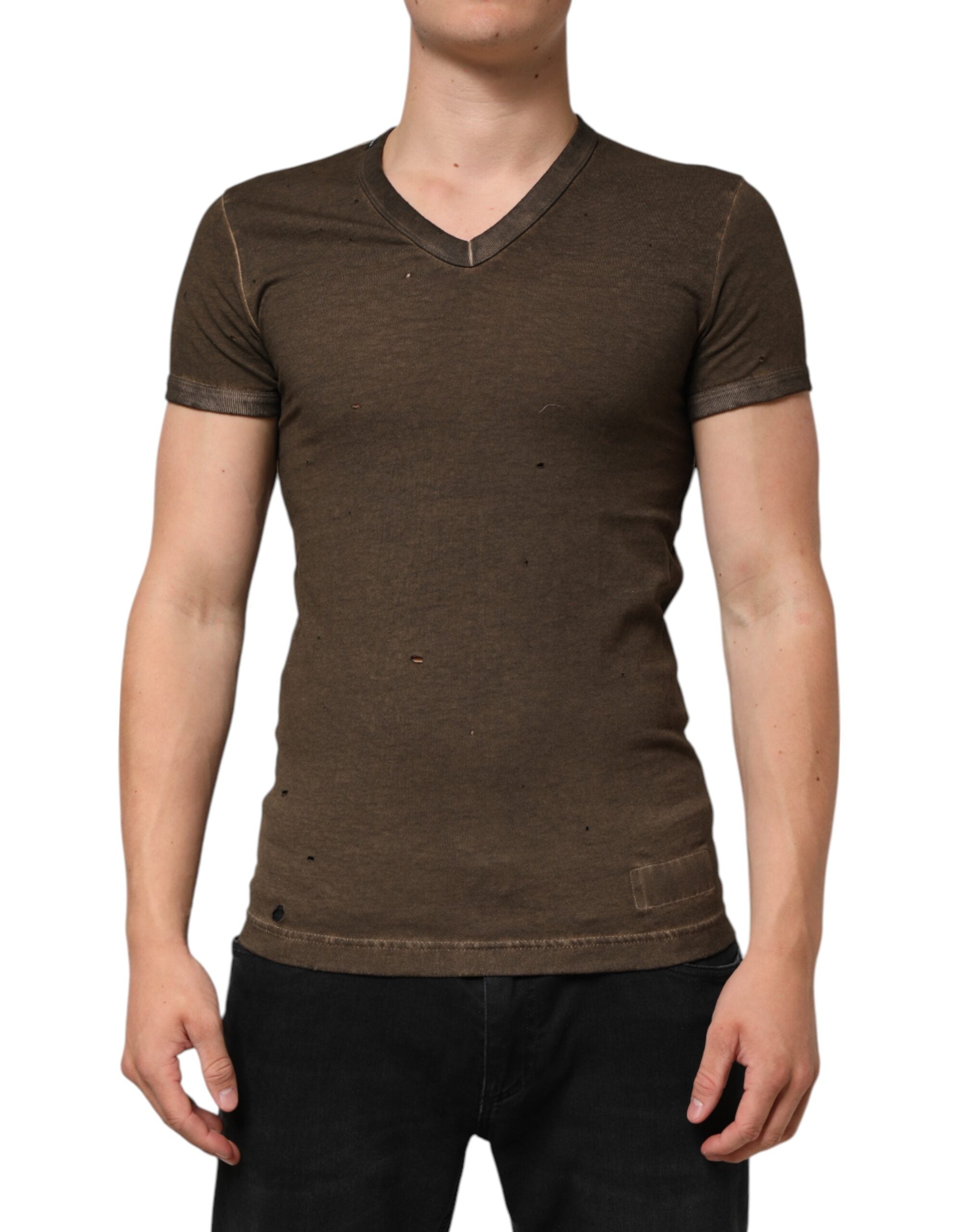 Dark Brown Cotton Tattered Logo Men T-shirt - ventzia