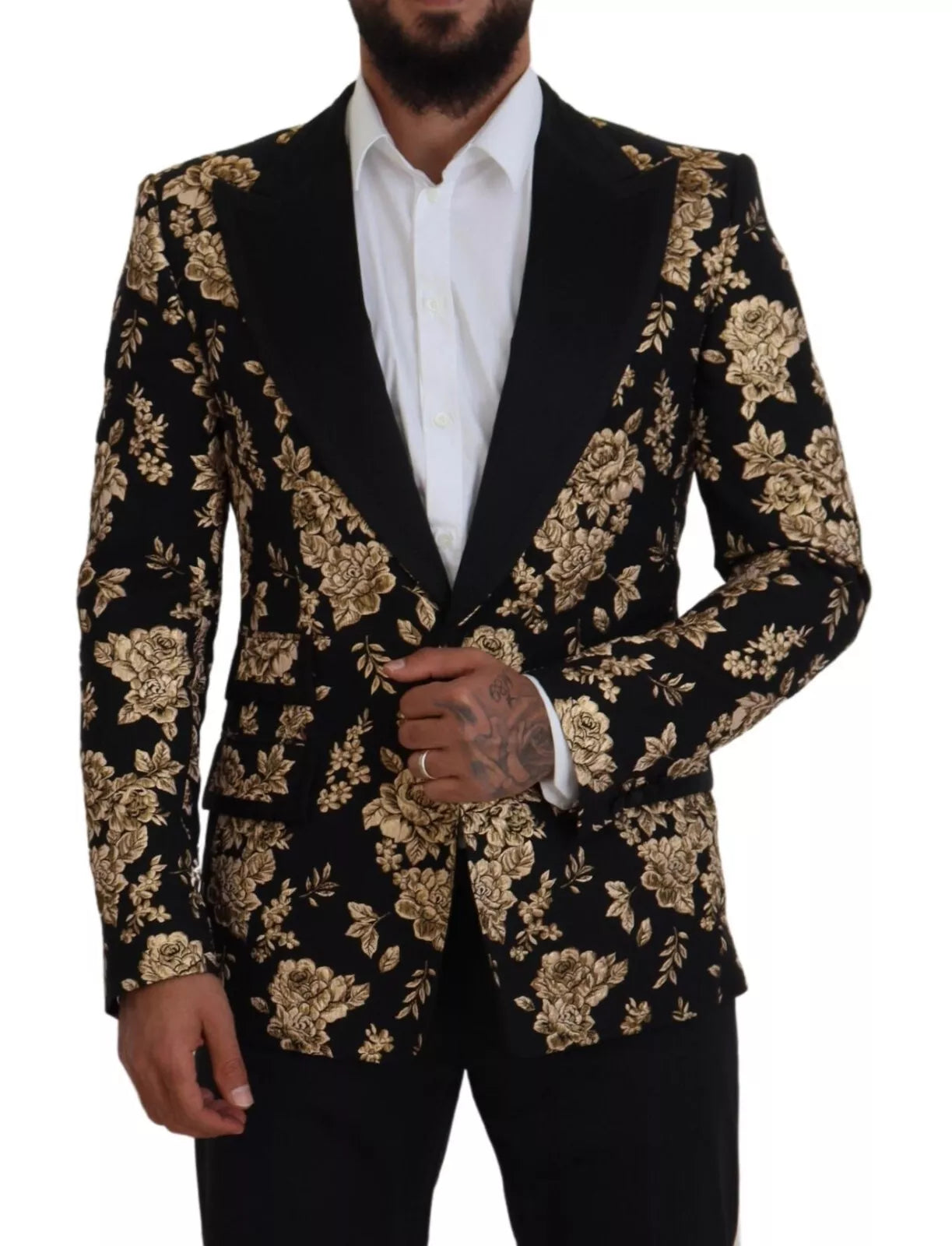 Gold Black Floral Embroidered Jacket Blazer - ventzia