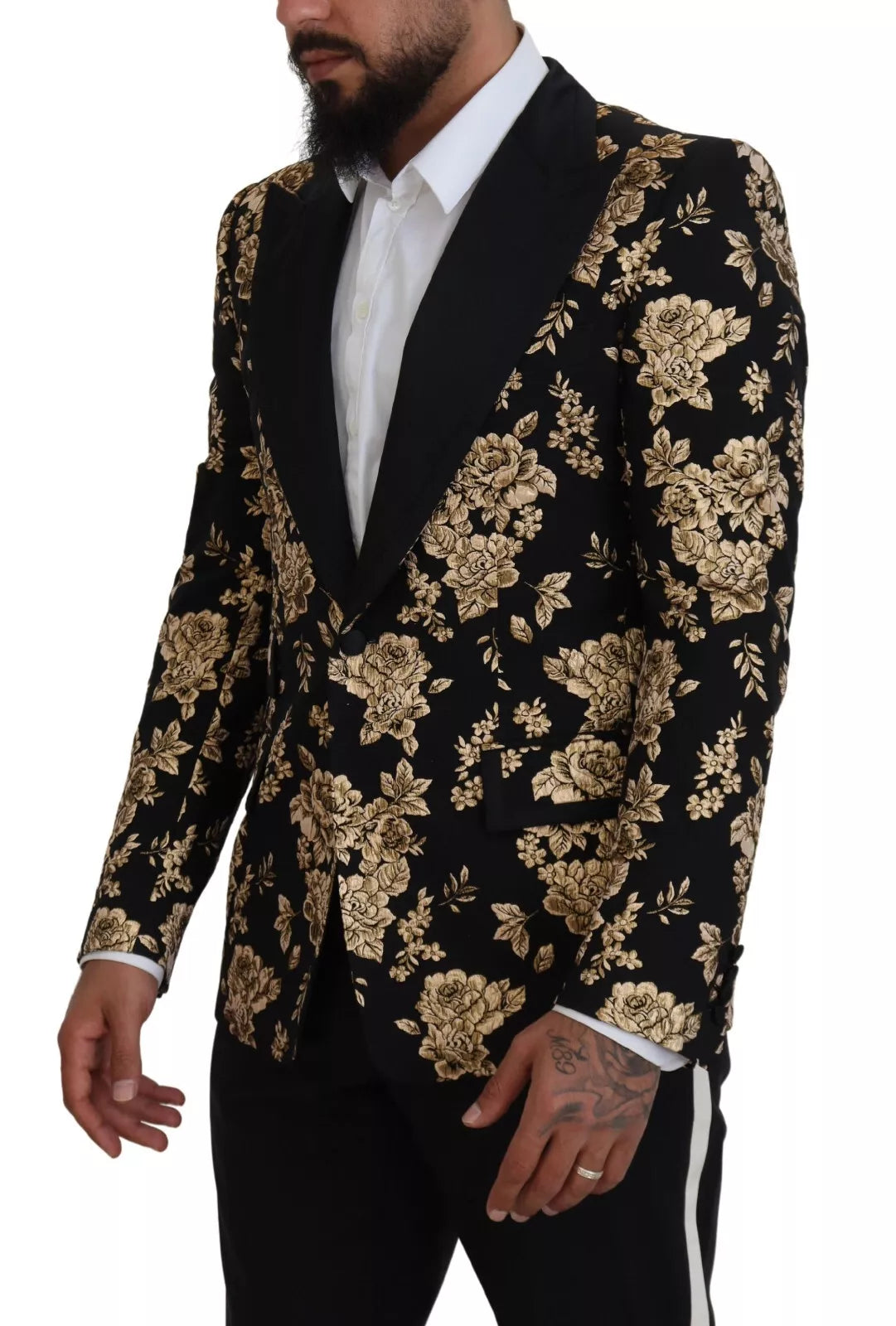 Gold Black Floral Embroidered Jacket Blazer - ventzia