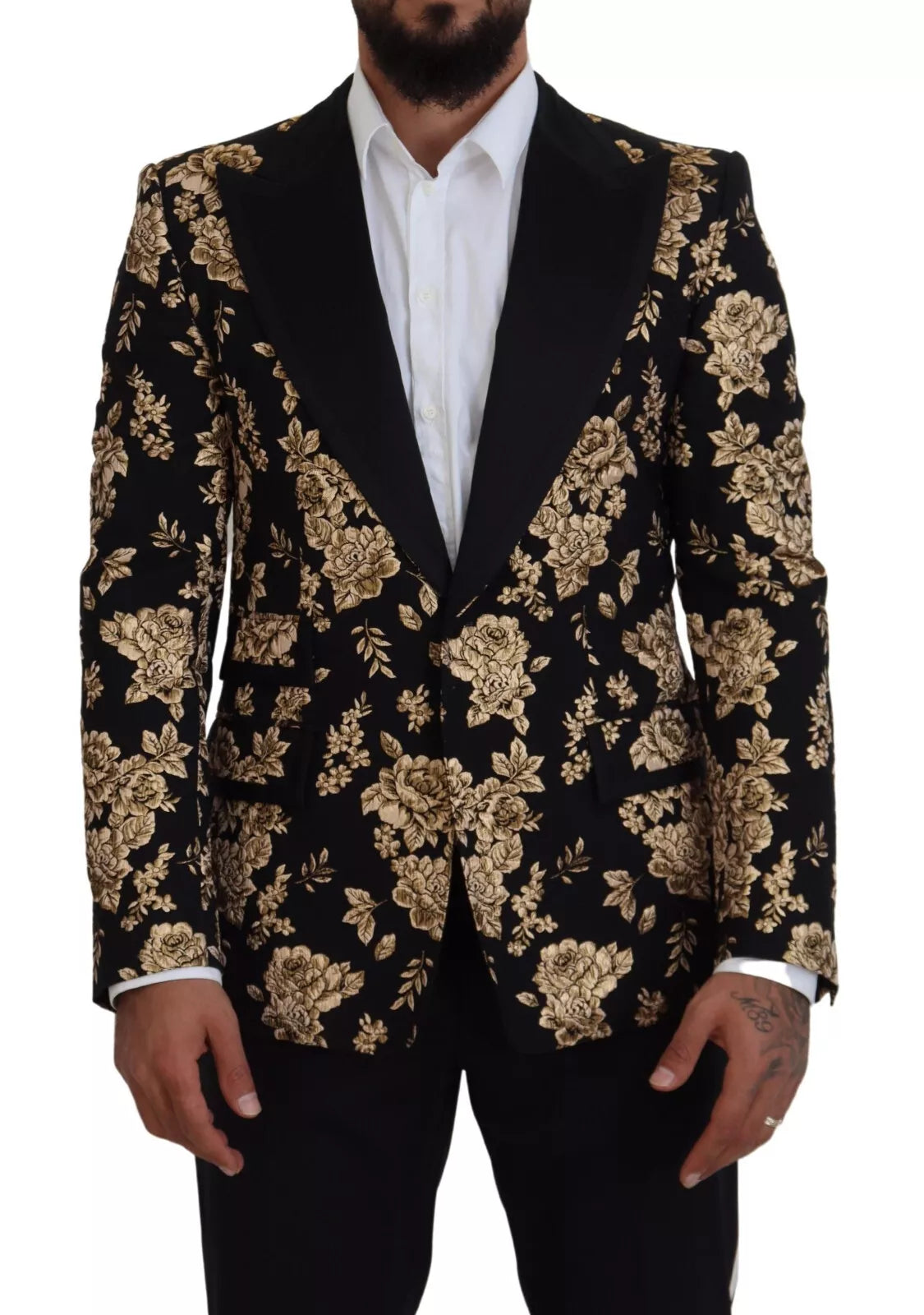 Gold Black Floral Embroidered Jacket Blazer - ventzia