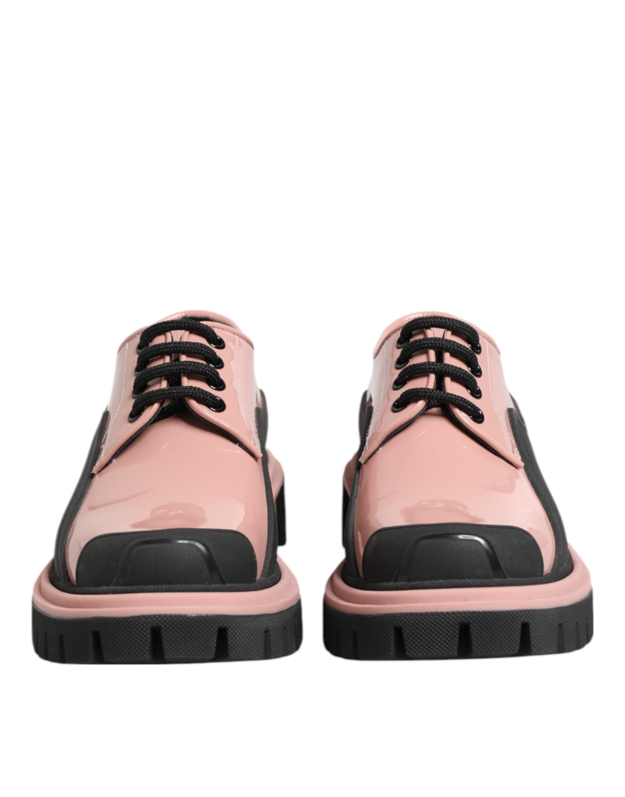 Light Powder Pink Black Leather Lace-Up Shoes - ventzia