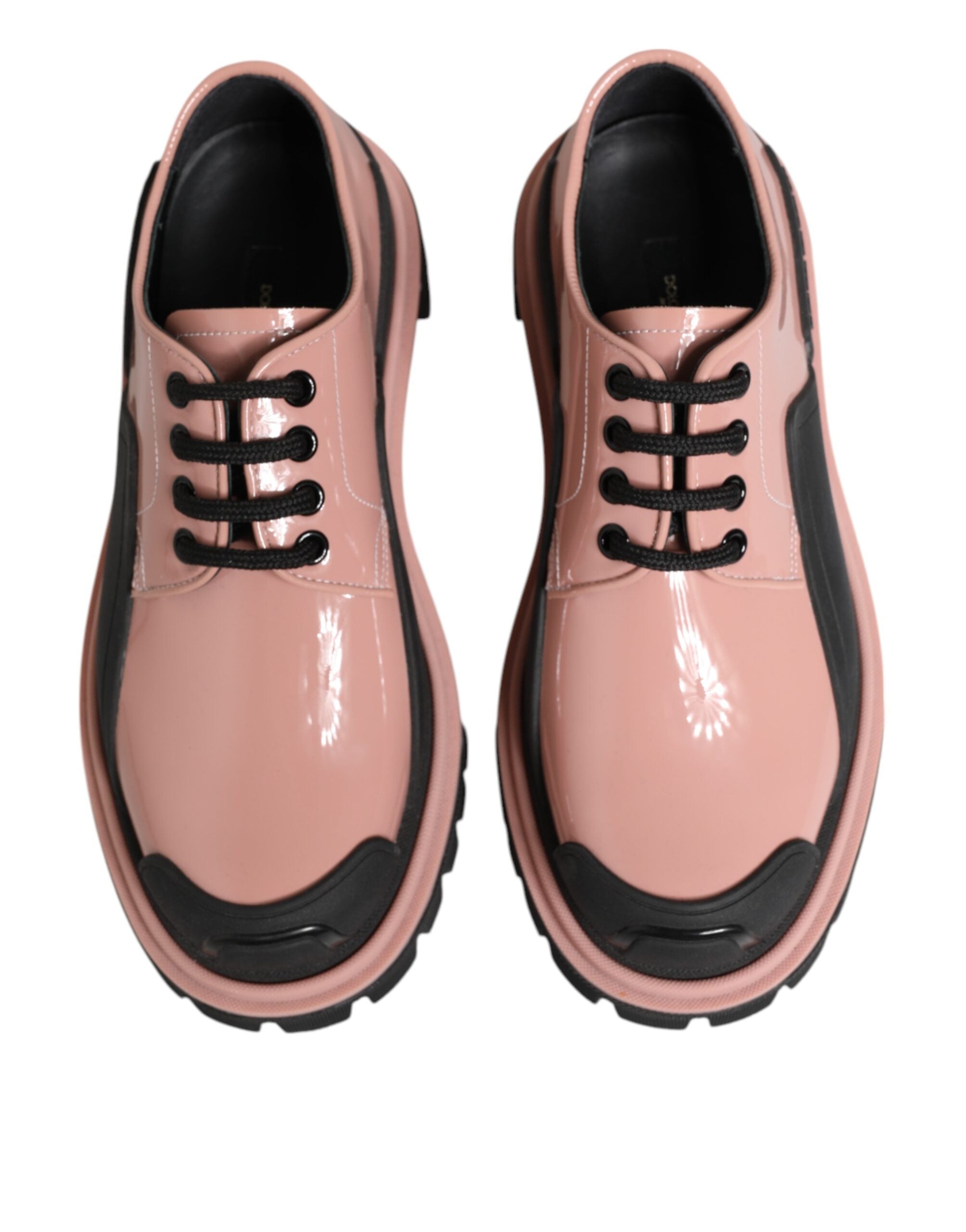 Light Powder Pink Black Leather Lace-Up Shoes - ventzia