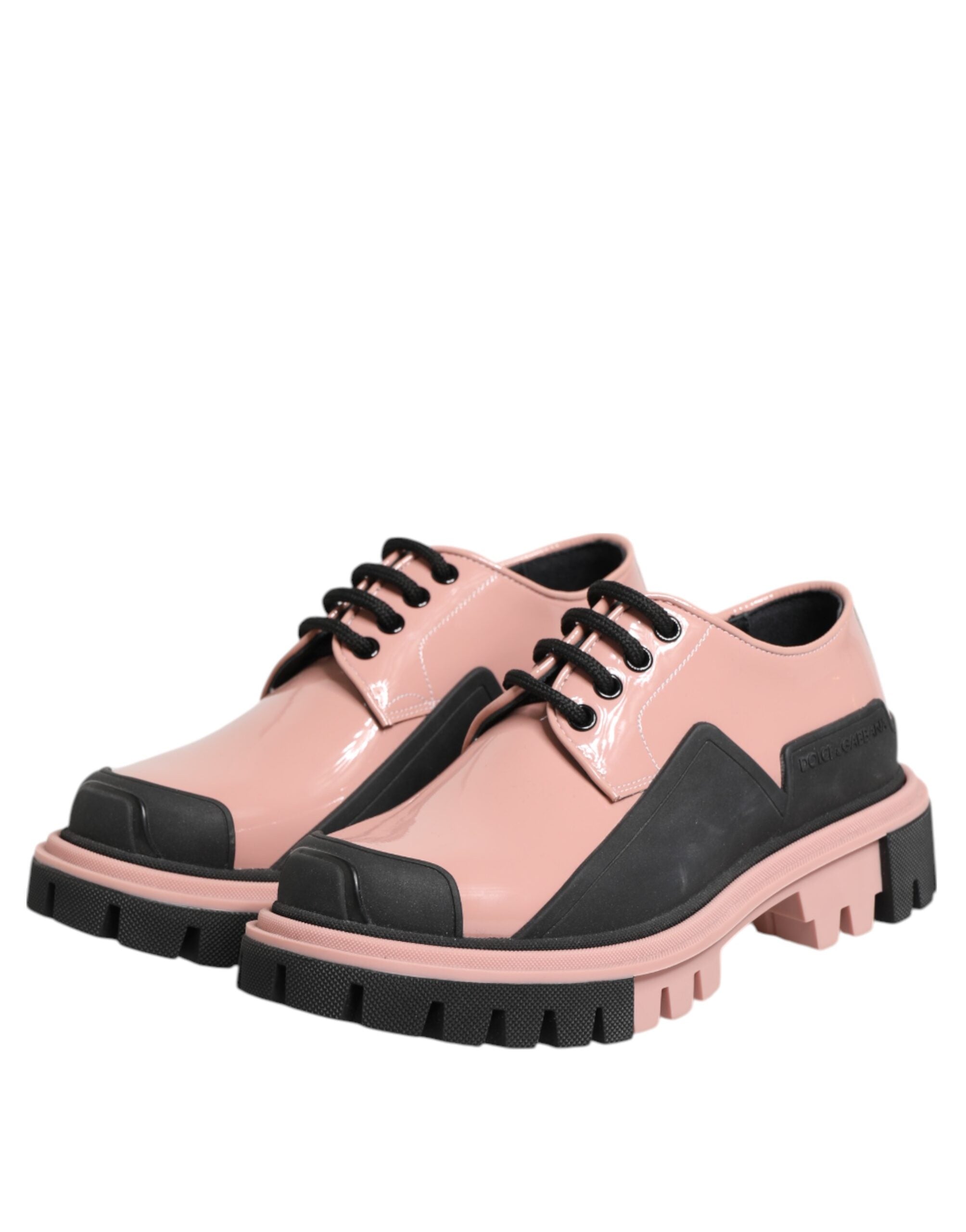 Light Powder Pink Black Leather Lace-Up Shoes - ventzia