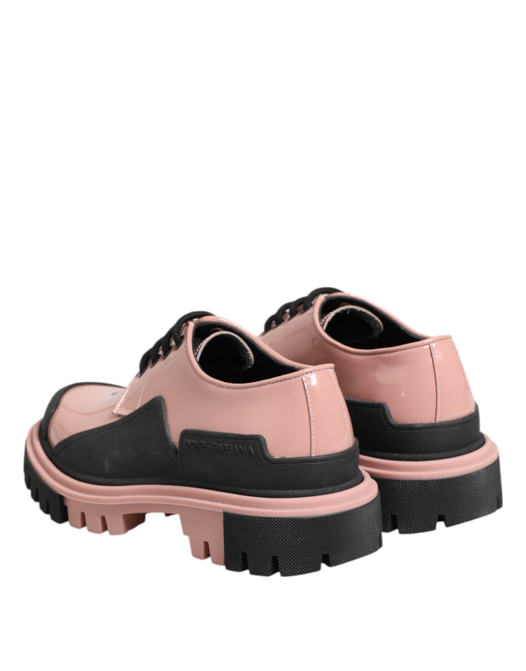Light Powder Pink Black Leather Lace-Up Shoes - ventzia