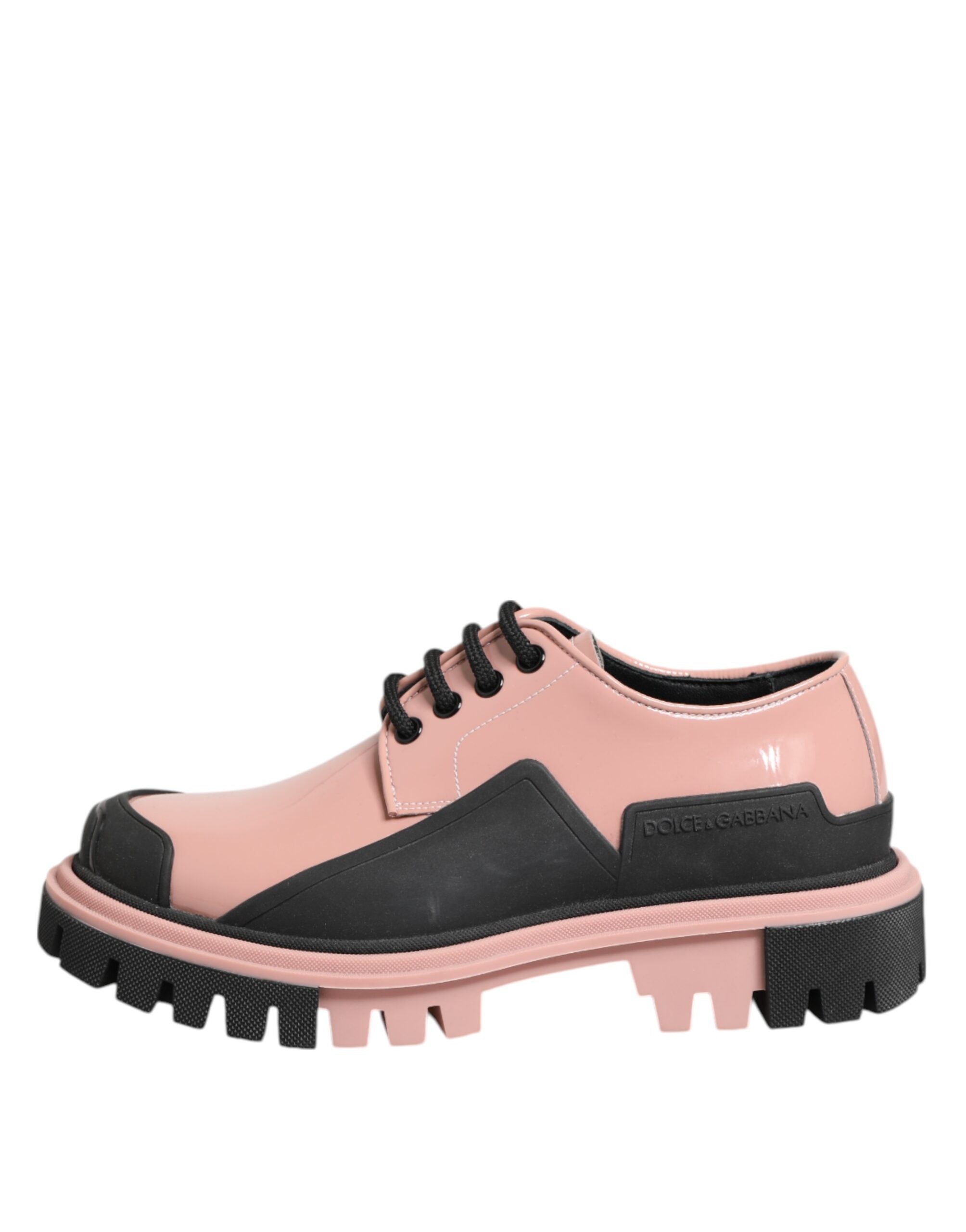 Light Powder Pink Black Leather Lace-Up Shoes - ventzia
