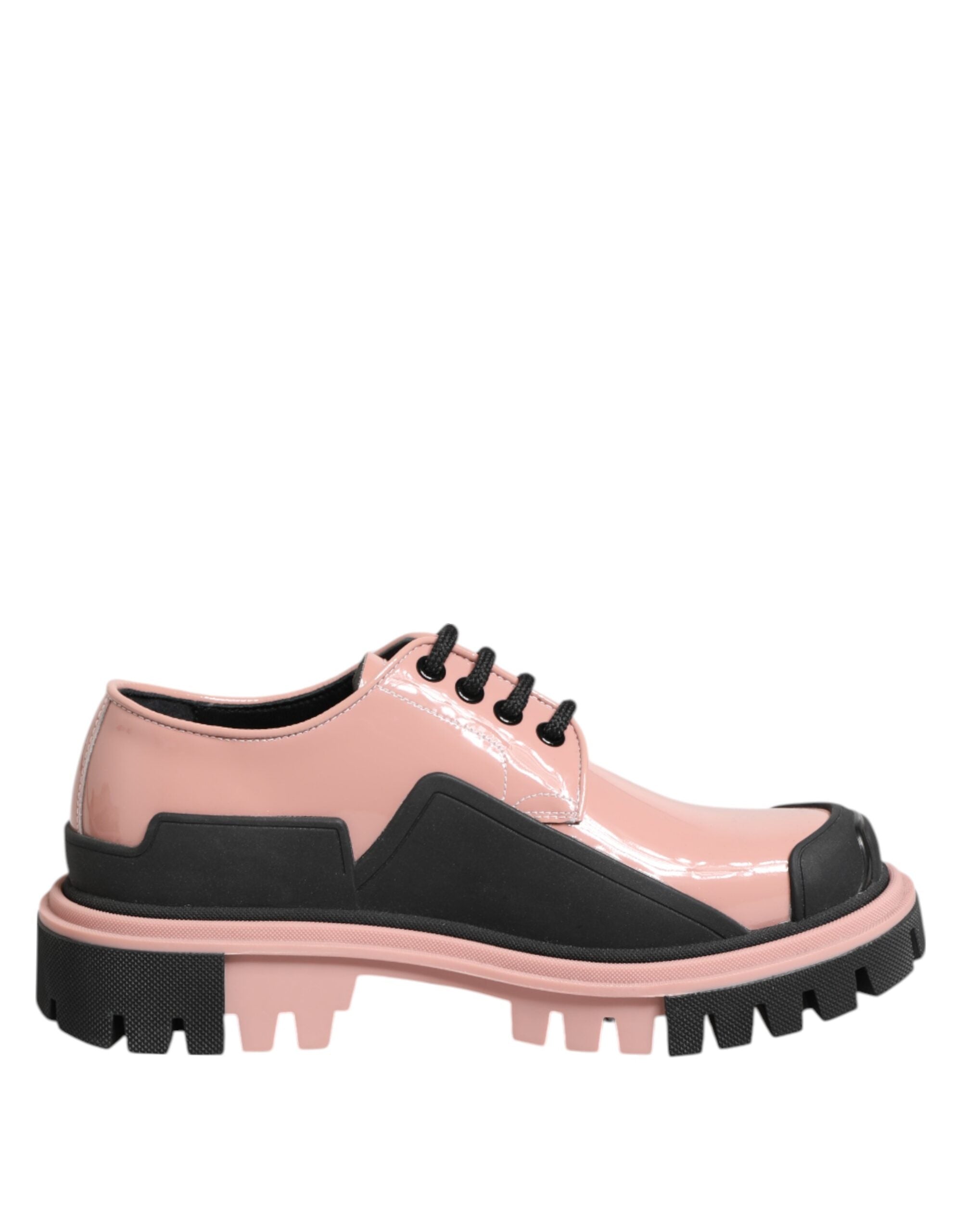 Light Powder Pink Black Leather Lace-Up Shoes - ventzia