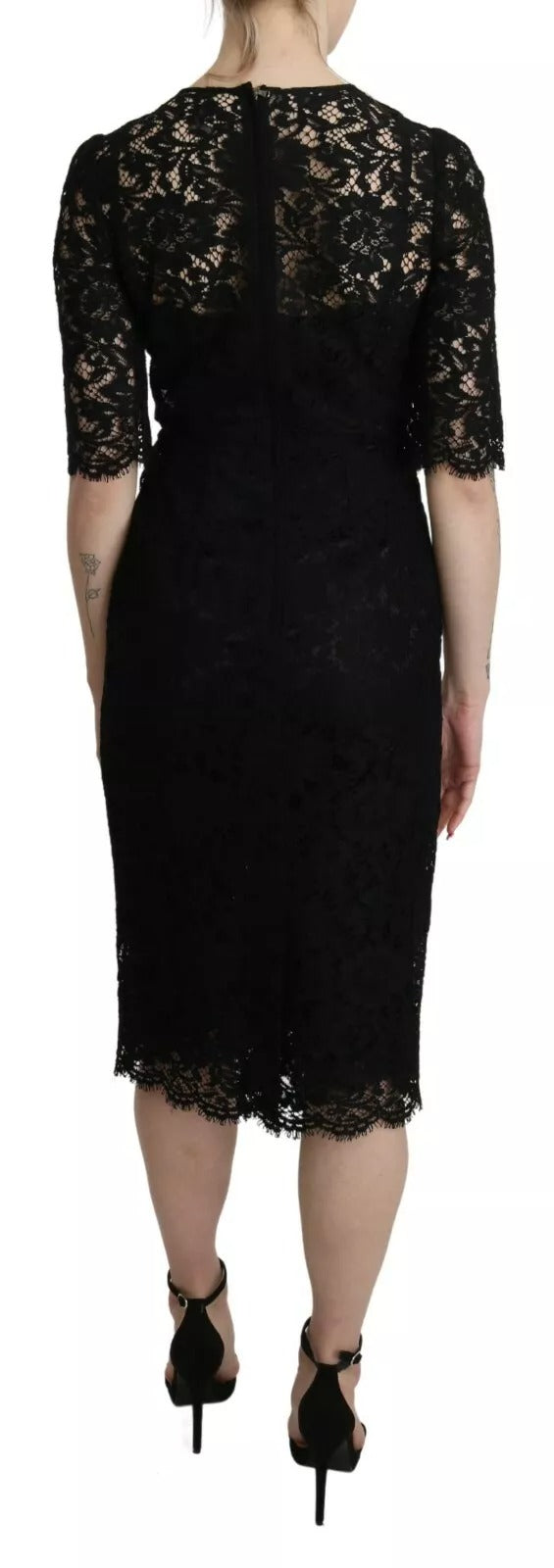 Black Floral Lace Sheath Knee Length Dress - ventzia