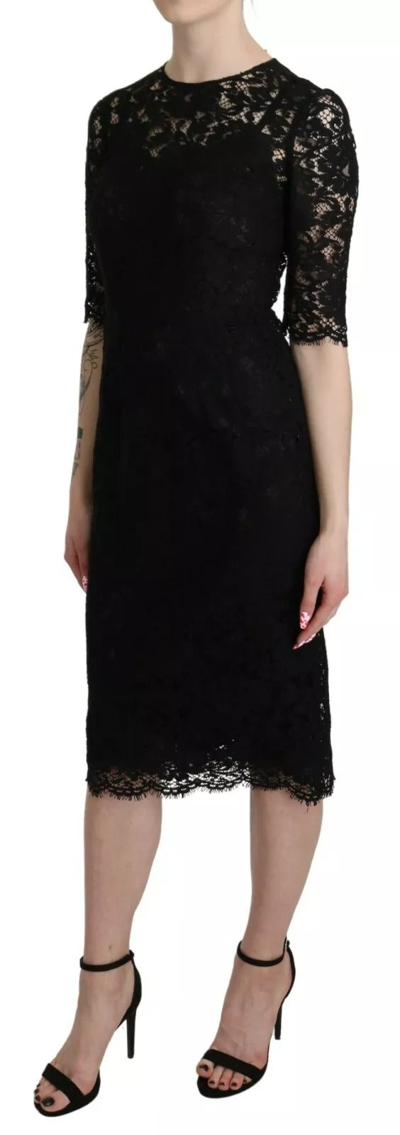 Black Floral Lace Sheath Knee Length Dress - ventzia
