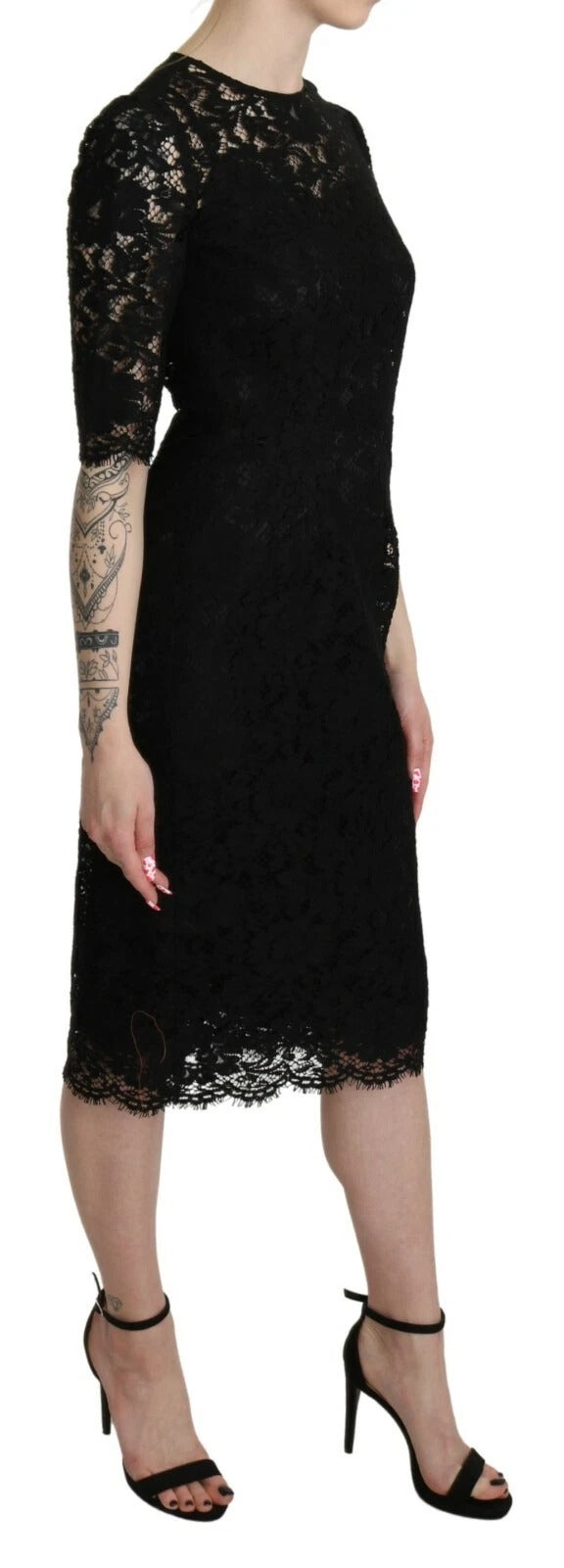 Black Floral Lace Sheath Knee Length Dress - ventzia