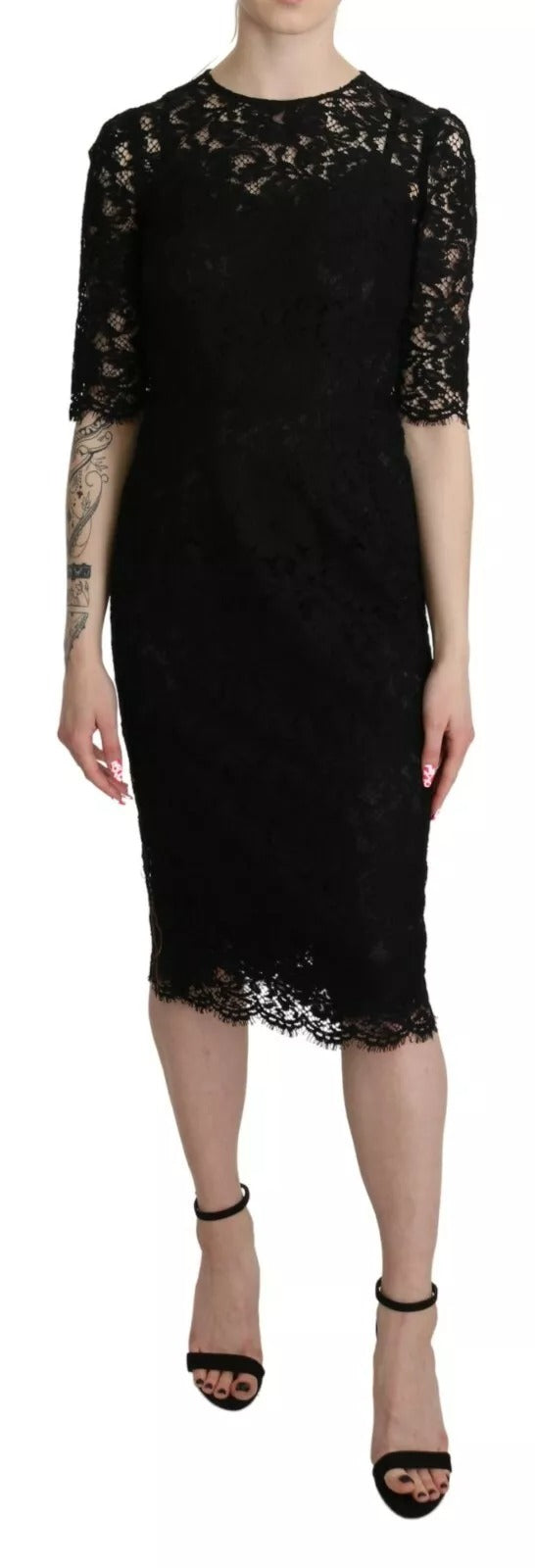 Black Floral Lace Sheath Knee Length Dress - ventzia