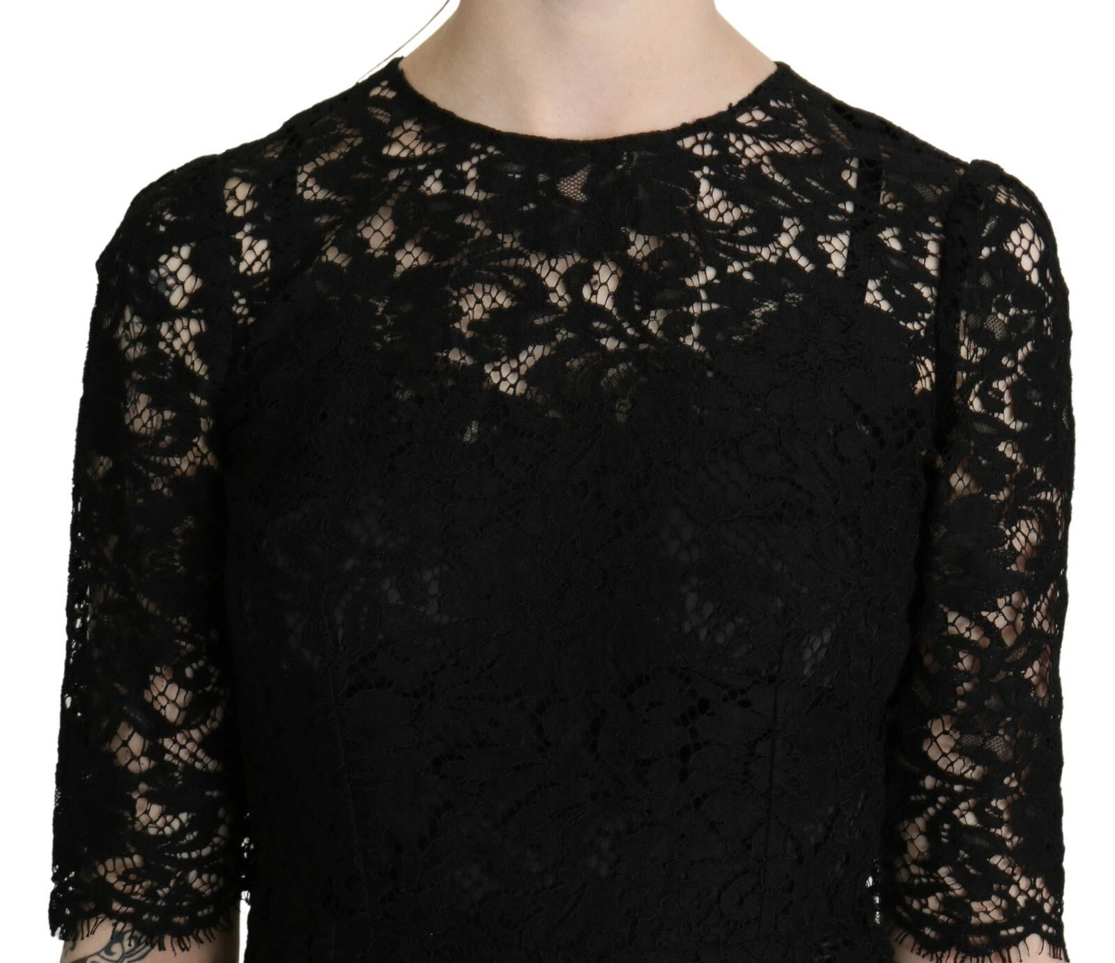 Black Floral Lace Sheath Knee Length Dress - ventzia
