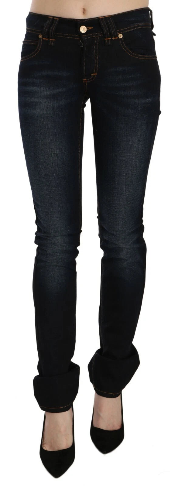 Dark Blue Mid Waist Slim Fit Denim Casual Pants Jeans - ventzia