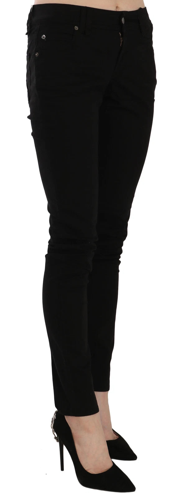 Black Mid Waist Slim Fit Skinny Denim Casual Pants Jeans - ventzia