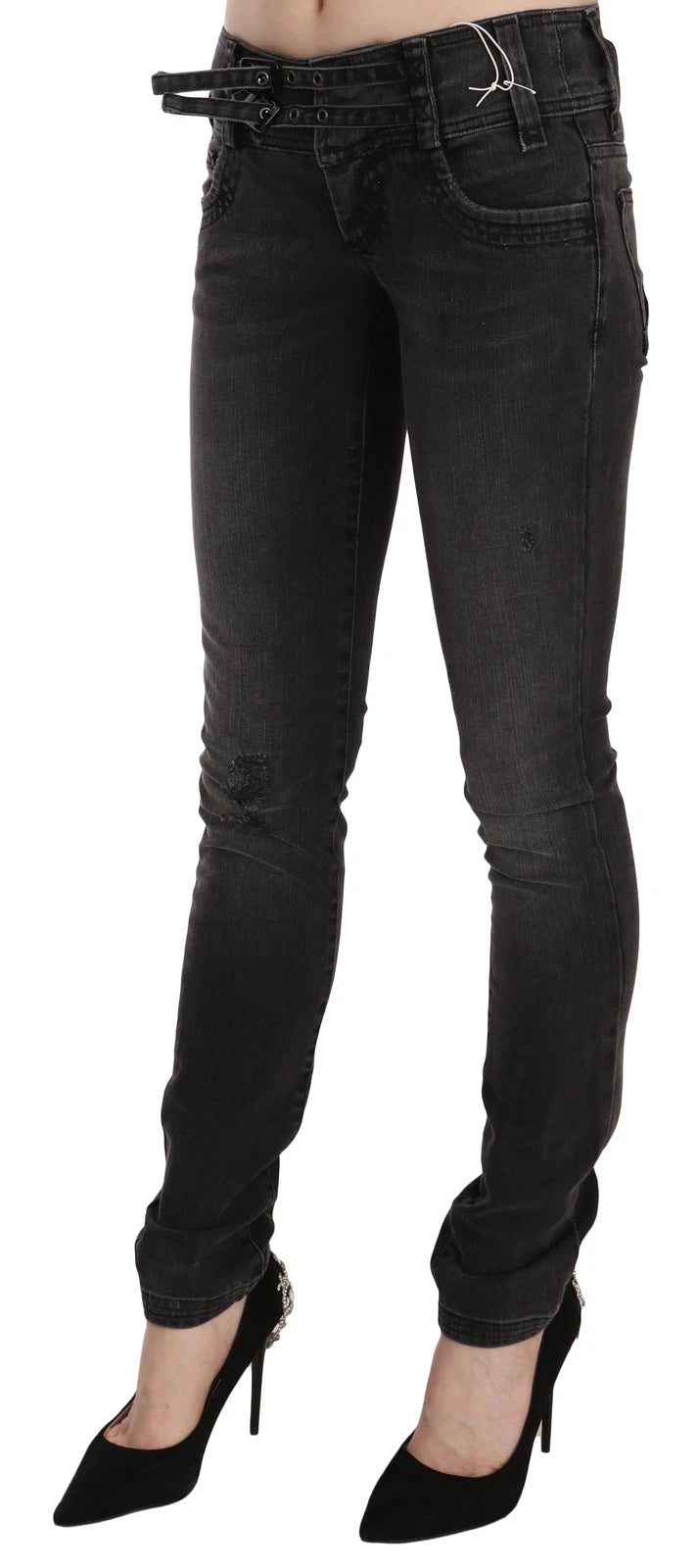 Black Washed Low Waist Slim Fit Skinny Denim Pants Jeans - ventzia