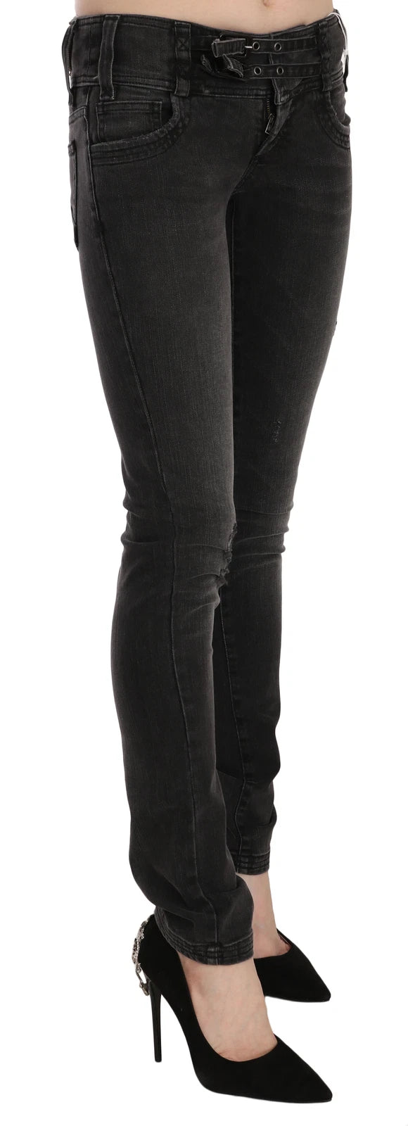 Black Washed Low Waist Slim Fit Skinny Denim Pants Jeans - ventzia