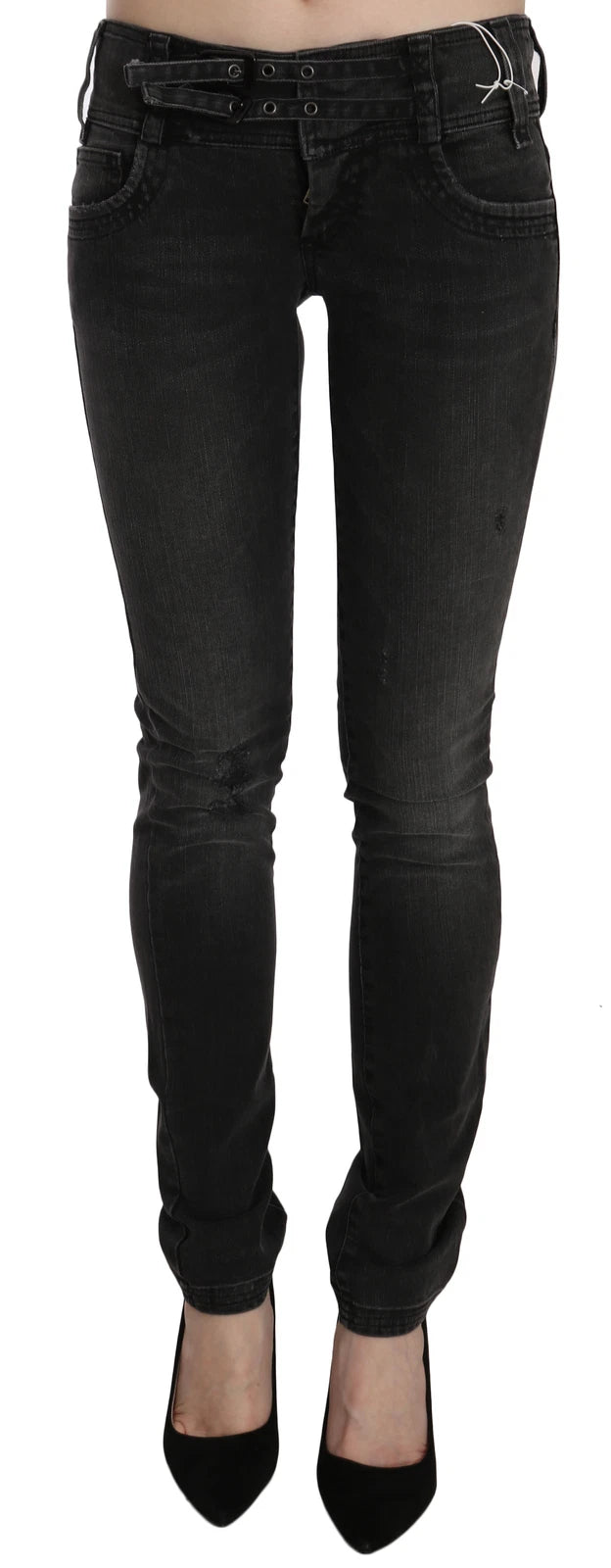 Black Washed Low Waist Slim Fit Skinny Denim Pants Jeans - ventzia