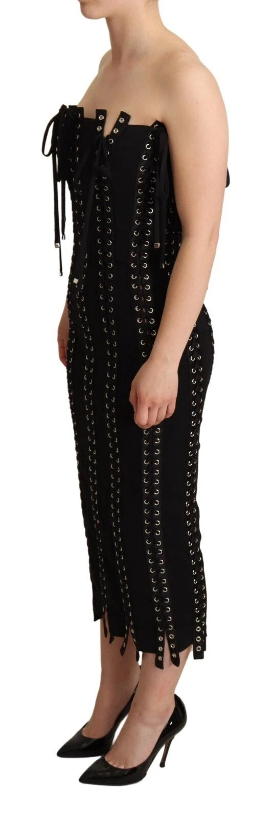 Black Cady Sleeveless Lace Up Bodycon Dress - ventzia