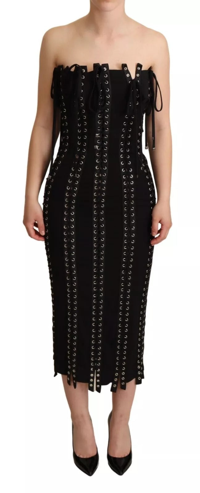 Black Cady Sleeveless Lace Up Bodycon Dress - ventzia