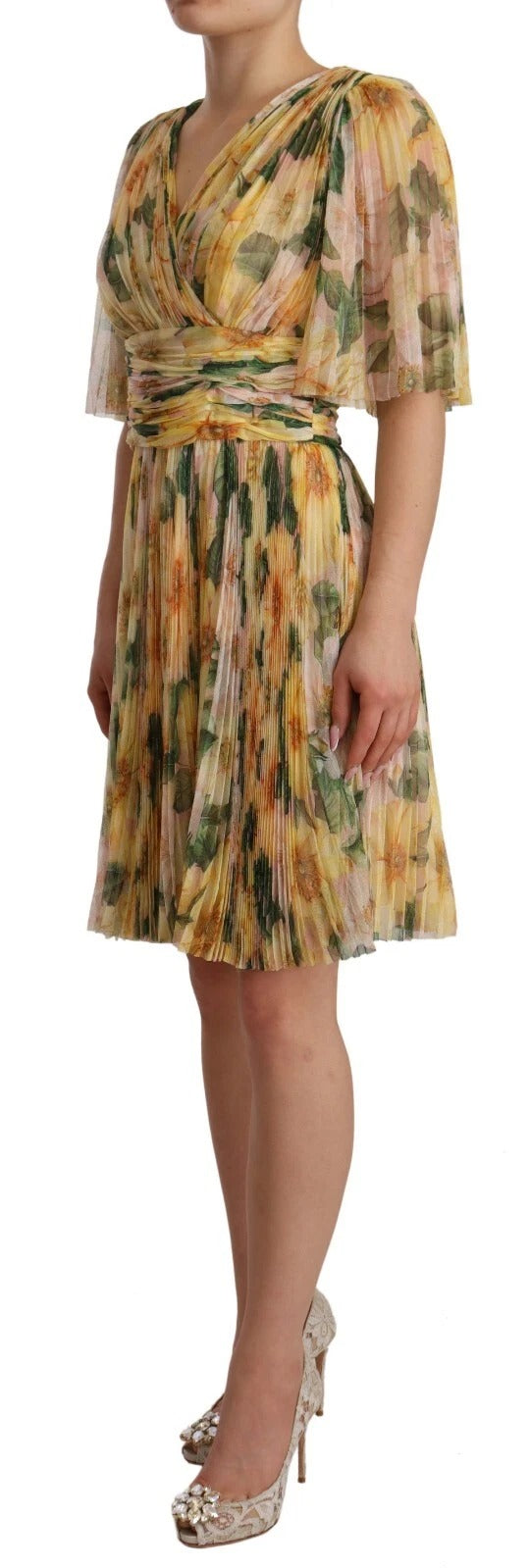 Yellow Floral Print Pleated Maxi Dress - ventzia
