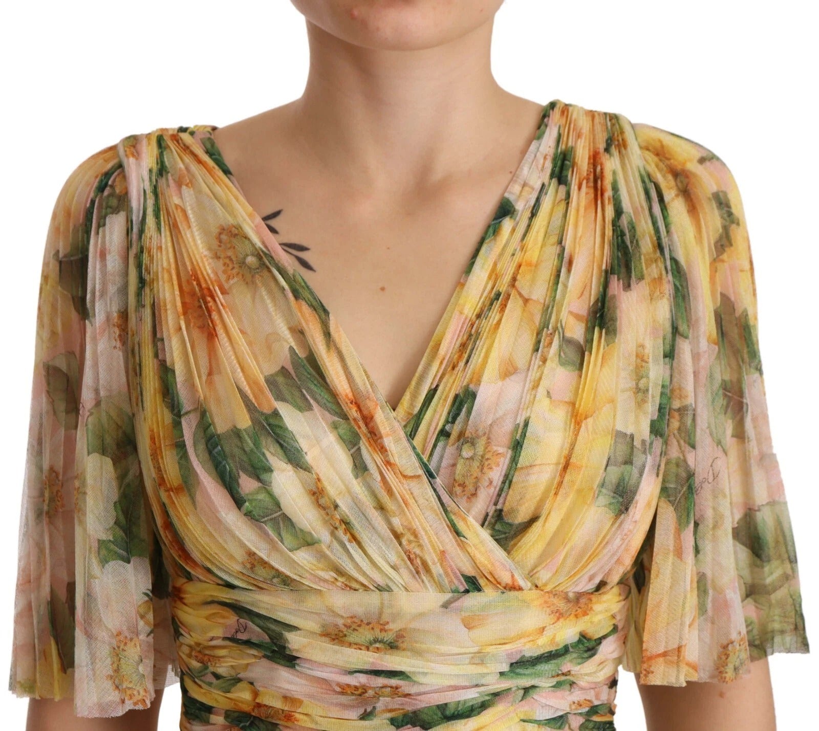 Yellow Floral Print Pleated Maxi Dress - ventzia
