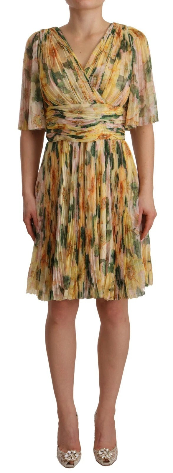 Yellow Floral Print Pleated Maxi Dress - ventzia