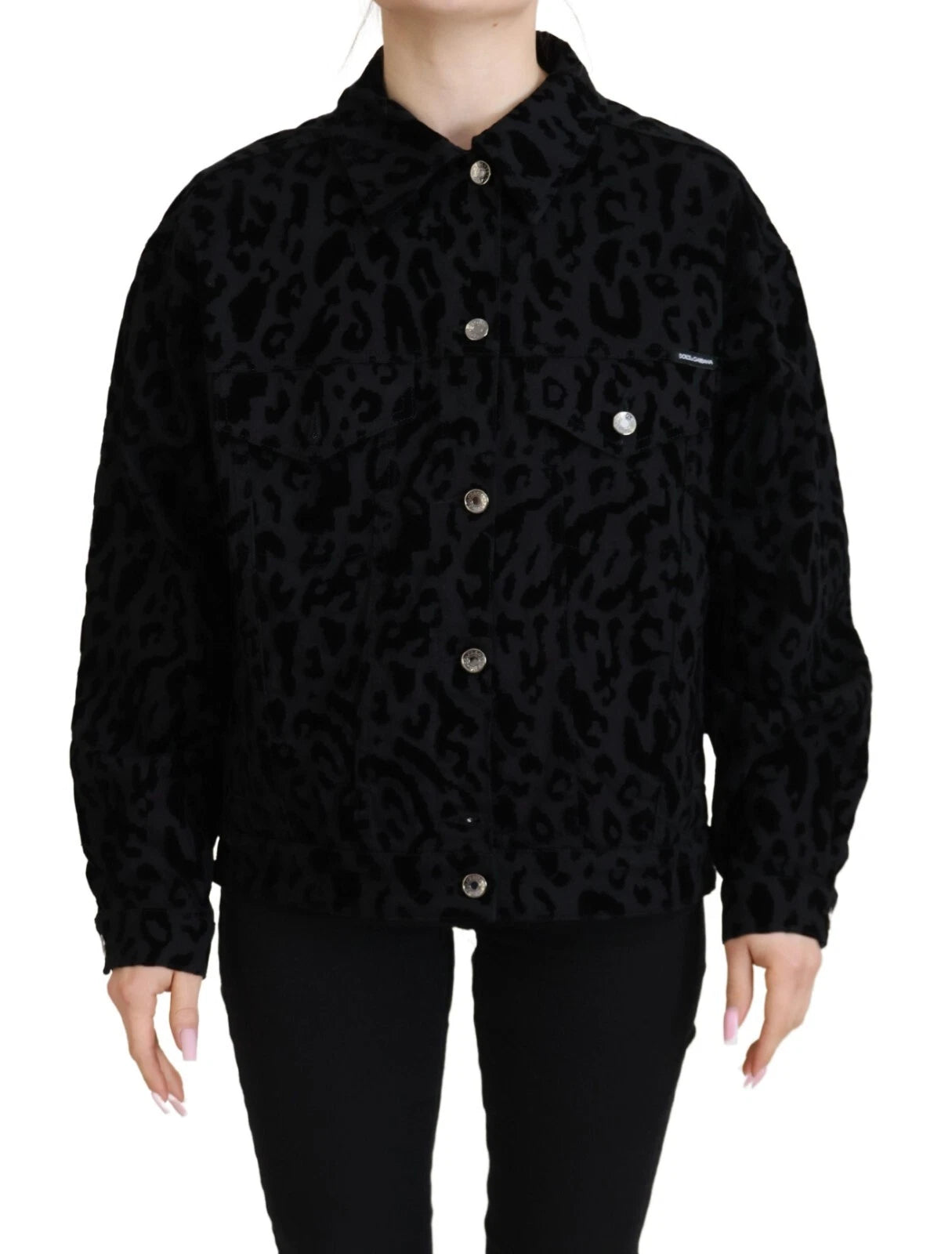Cotton Black Leopard Long Sleeve Denim Jacket - ventzia