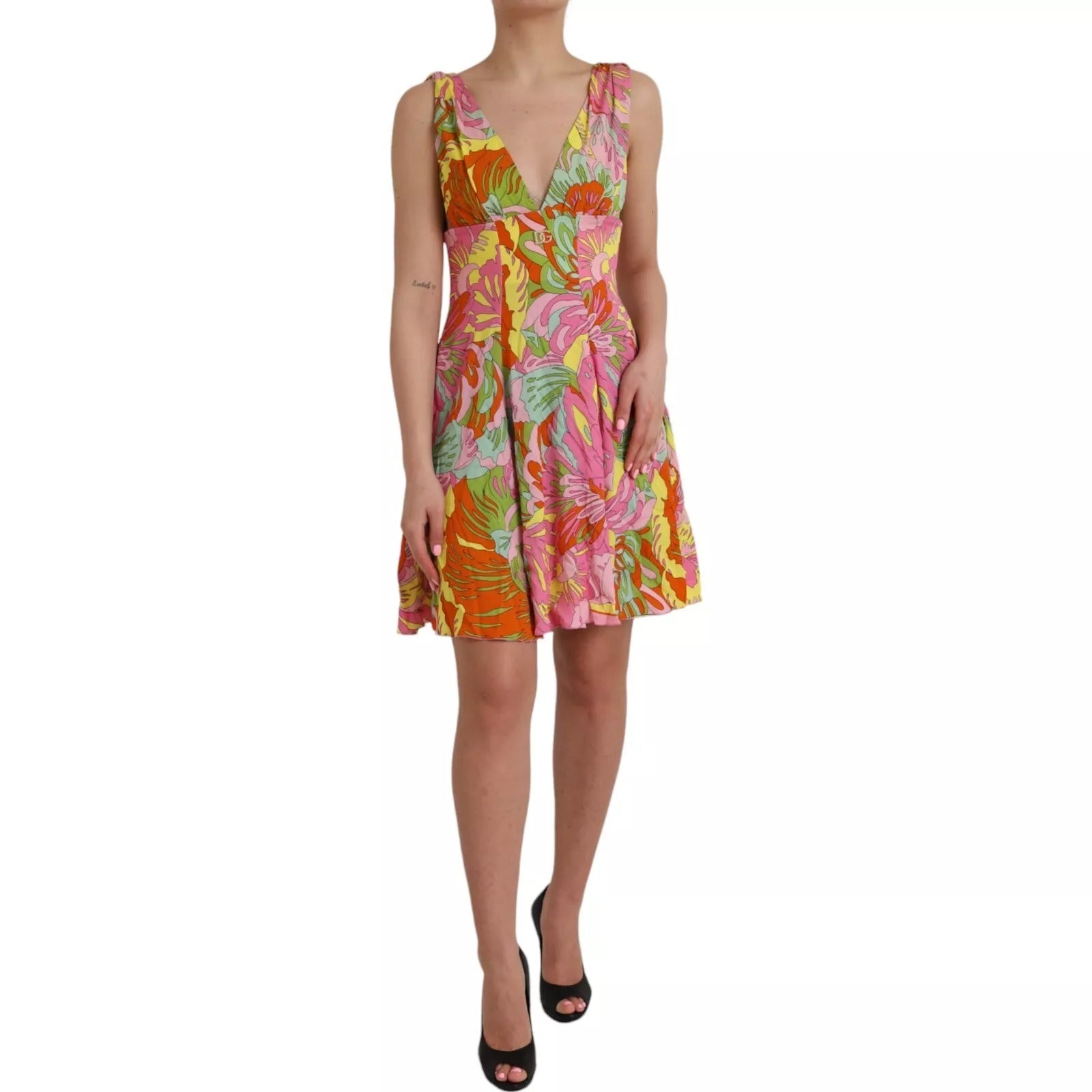 Multicolor Floral Silk Flared Mini Dress - ventzia