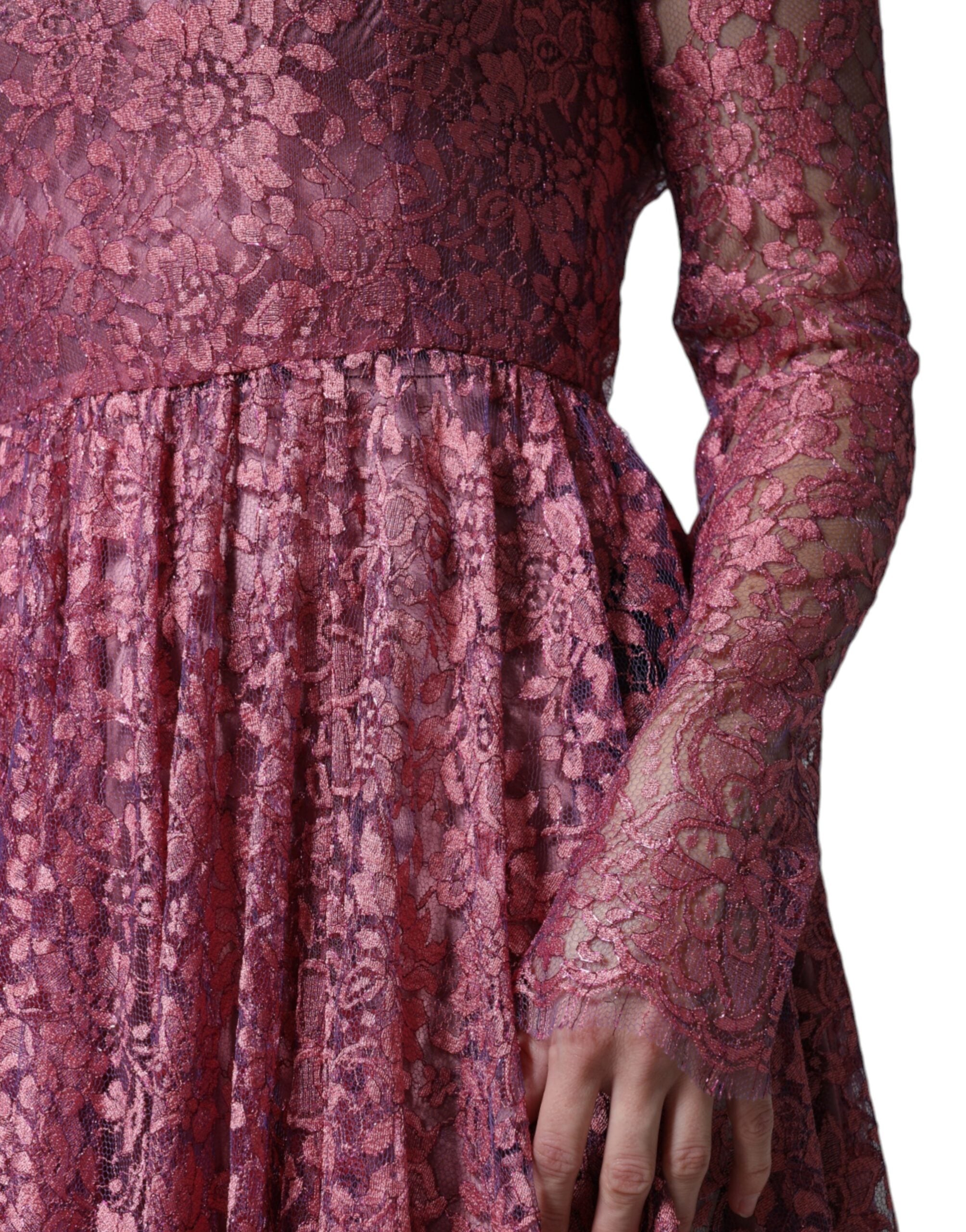 Pink Floral Lace Long Sleeve Midi Dress - ventzia