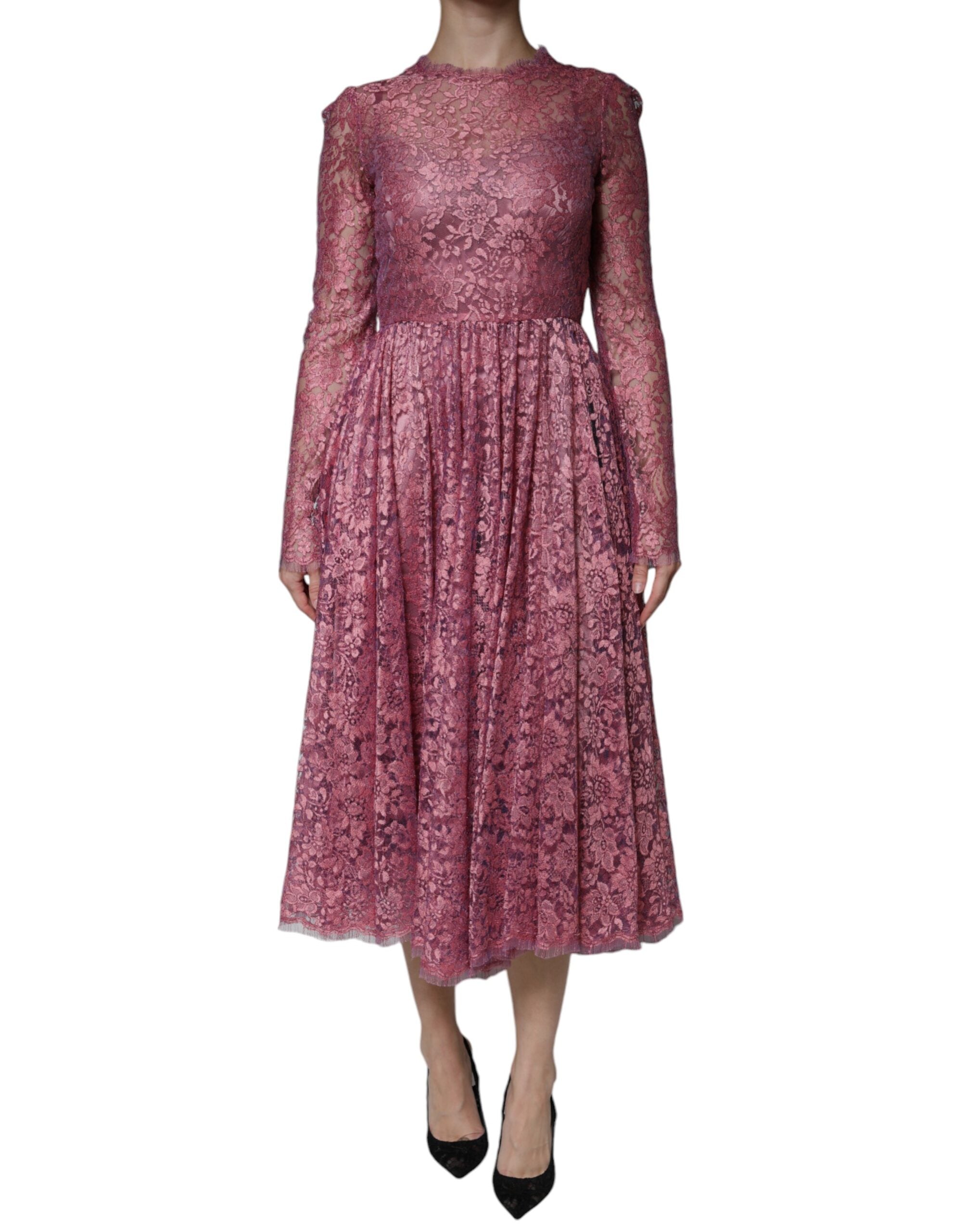 Pink Floral Lace Long Sleeve Midi Dress - ventzia