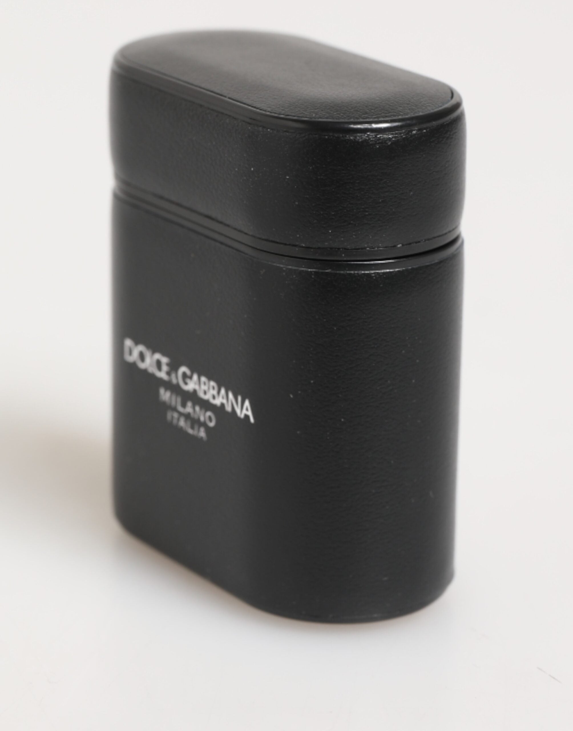 Black Calfskin Leather Logo Print Flip Holder Airpods Case - ventzia