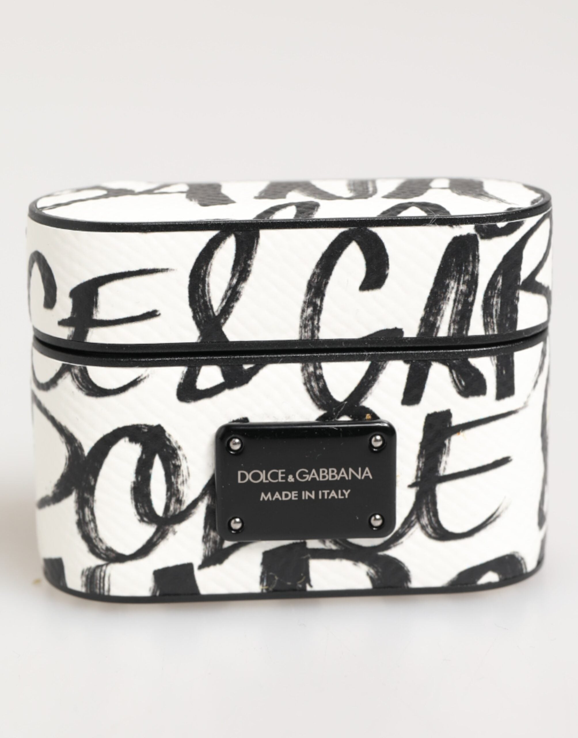 Black White Leather Monogram Print Logo Holder Airpods Case - ventzia