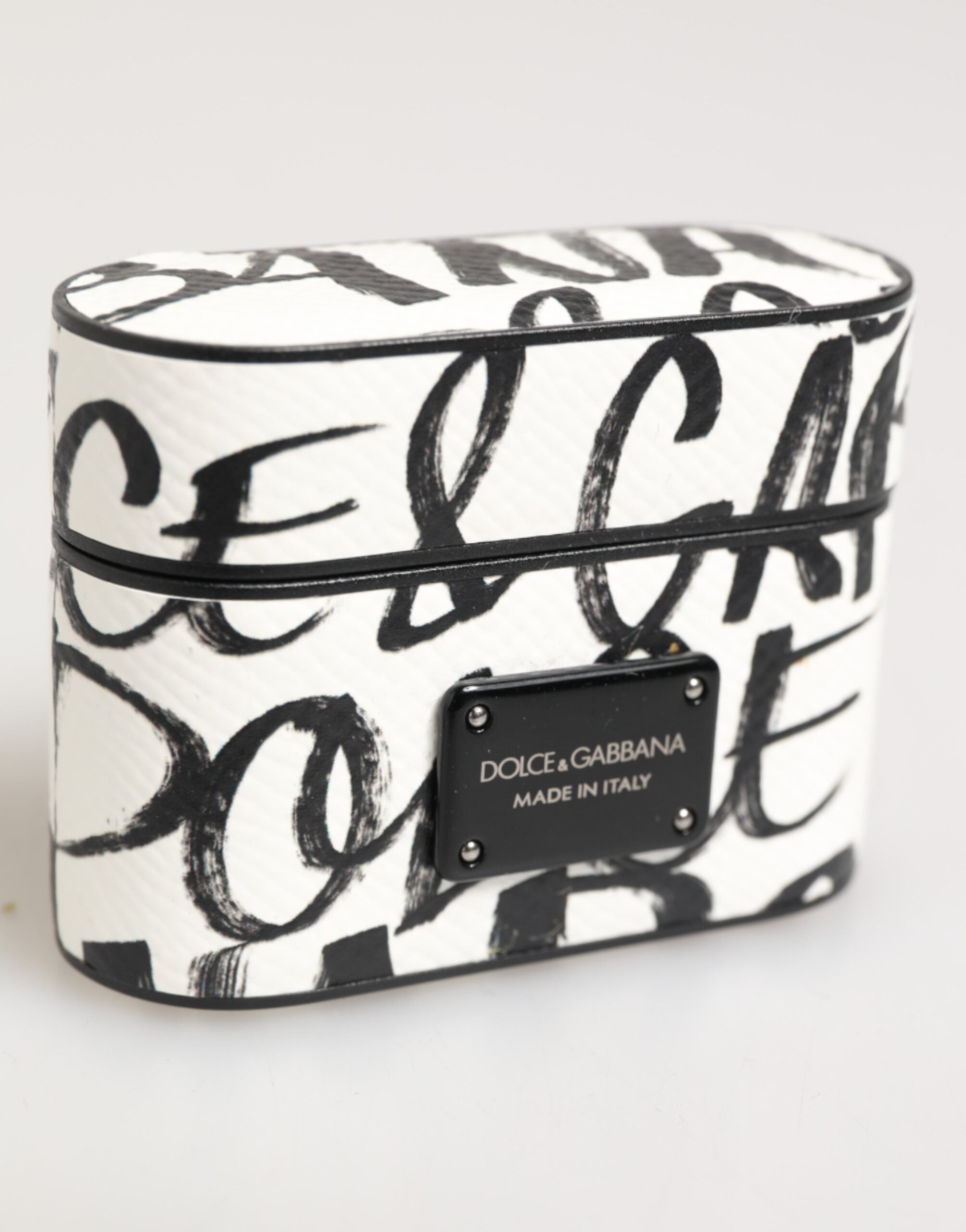 Black White Leather Monogram Print Logo Holder Airpods Case - ventzia